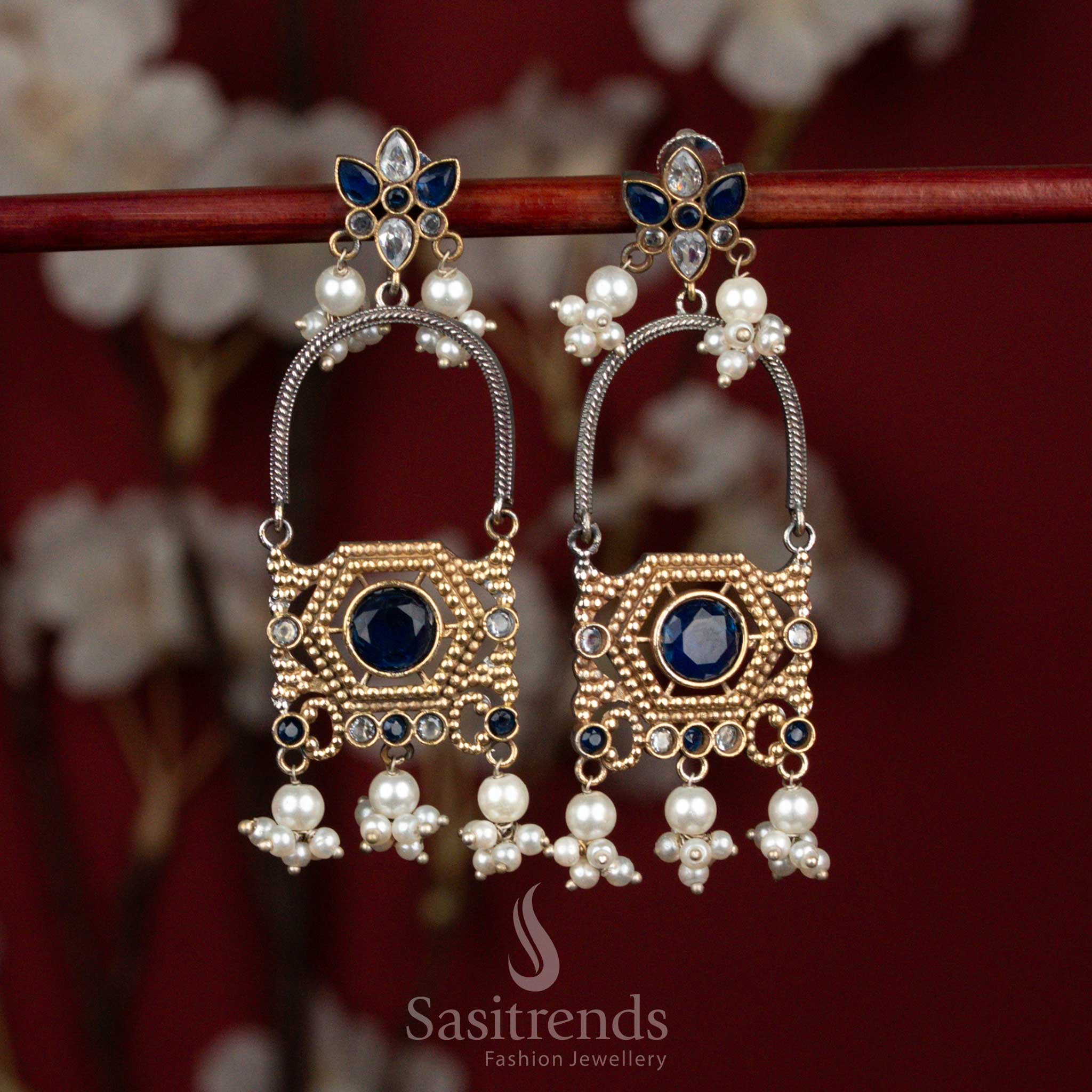 Antique 92.5 Dual Tone Oxidised Silver Plated Floral Arch Design Monalisa Stone Earrings with Pearl Cluster Hangings | Party Wear - Image 7