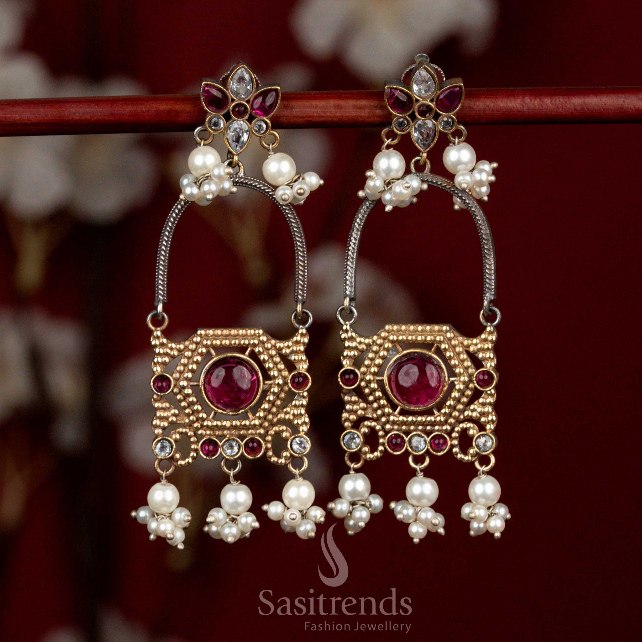 Antique 92.5 Dual Tone Oxidised Silver Plated Floral Arch Design Monalisa Stone Earrings with Pearl Cluster Hangings | Party Wear - Image 8
