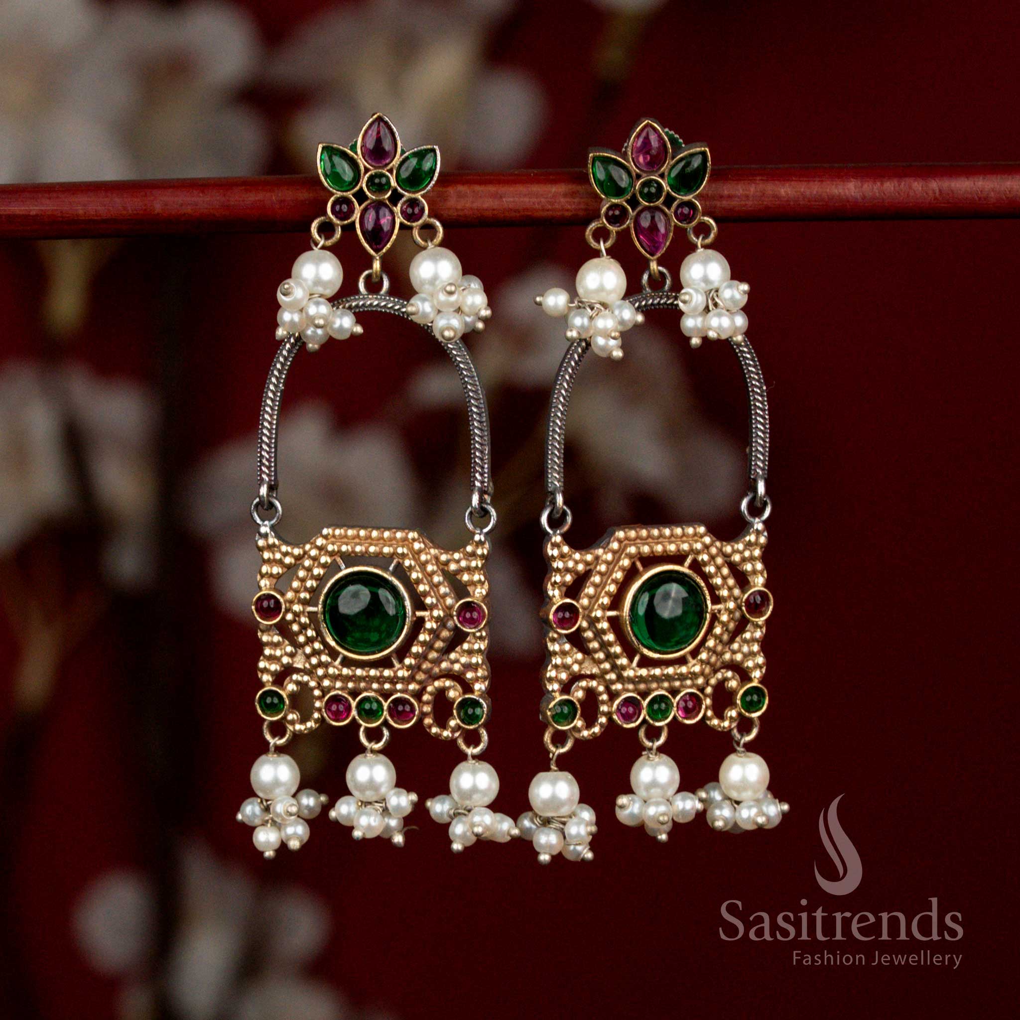 Antique 92.5 Dual Tone Oxidised Silver Plated Floral Arch Design Monalisa Stone Earrings with Pearl Cluster Hangings | Party Wear - Image 9