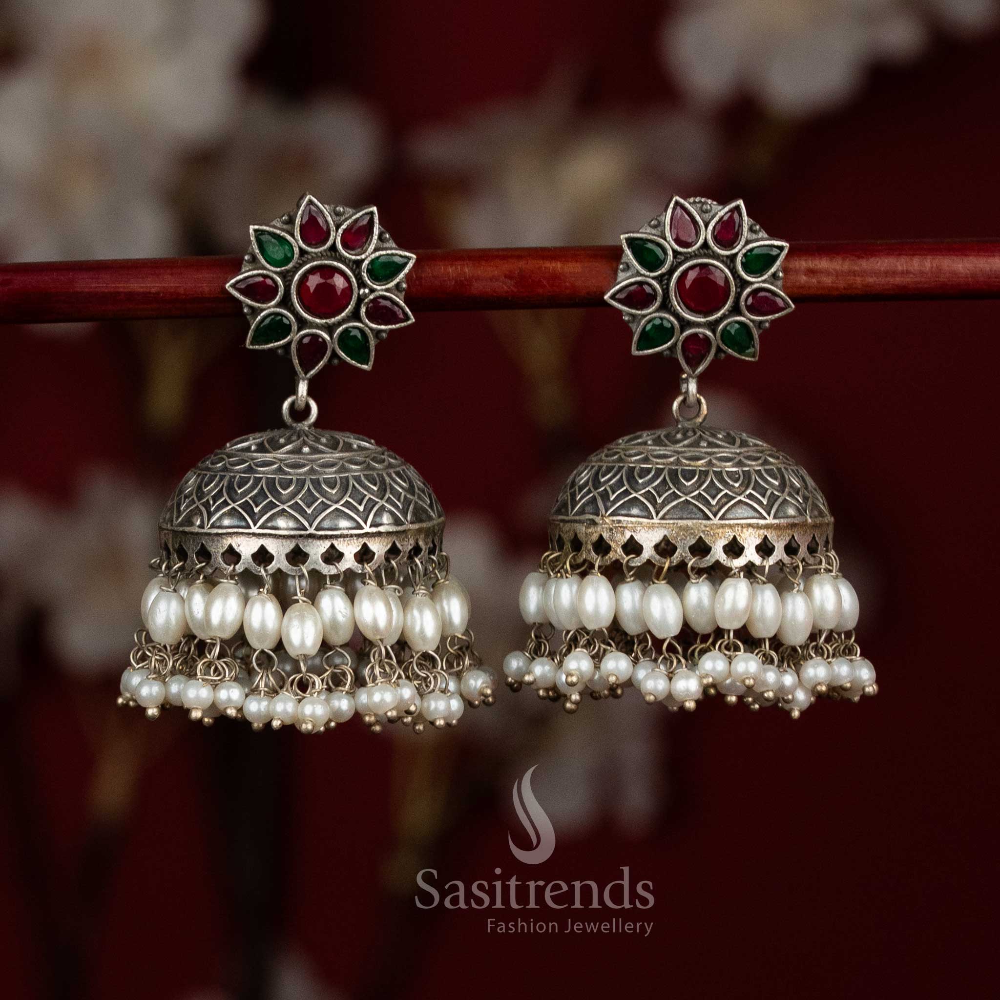 Exquisite Antique Oxidised 92.5 Silver Plated Floral Stone Dome Jhumka Earrings with Pearl Layers | Party Wear - Image 6