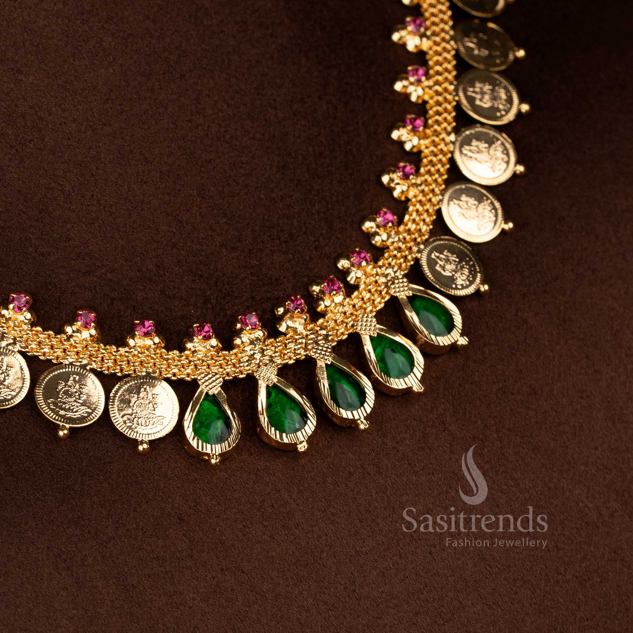 One Gram Micro Gold Plated Teardrop Palakka Motif Lakshmi Coin AD Stone Necklace | Kerala Traditional Jewellery - Image 2