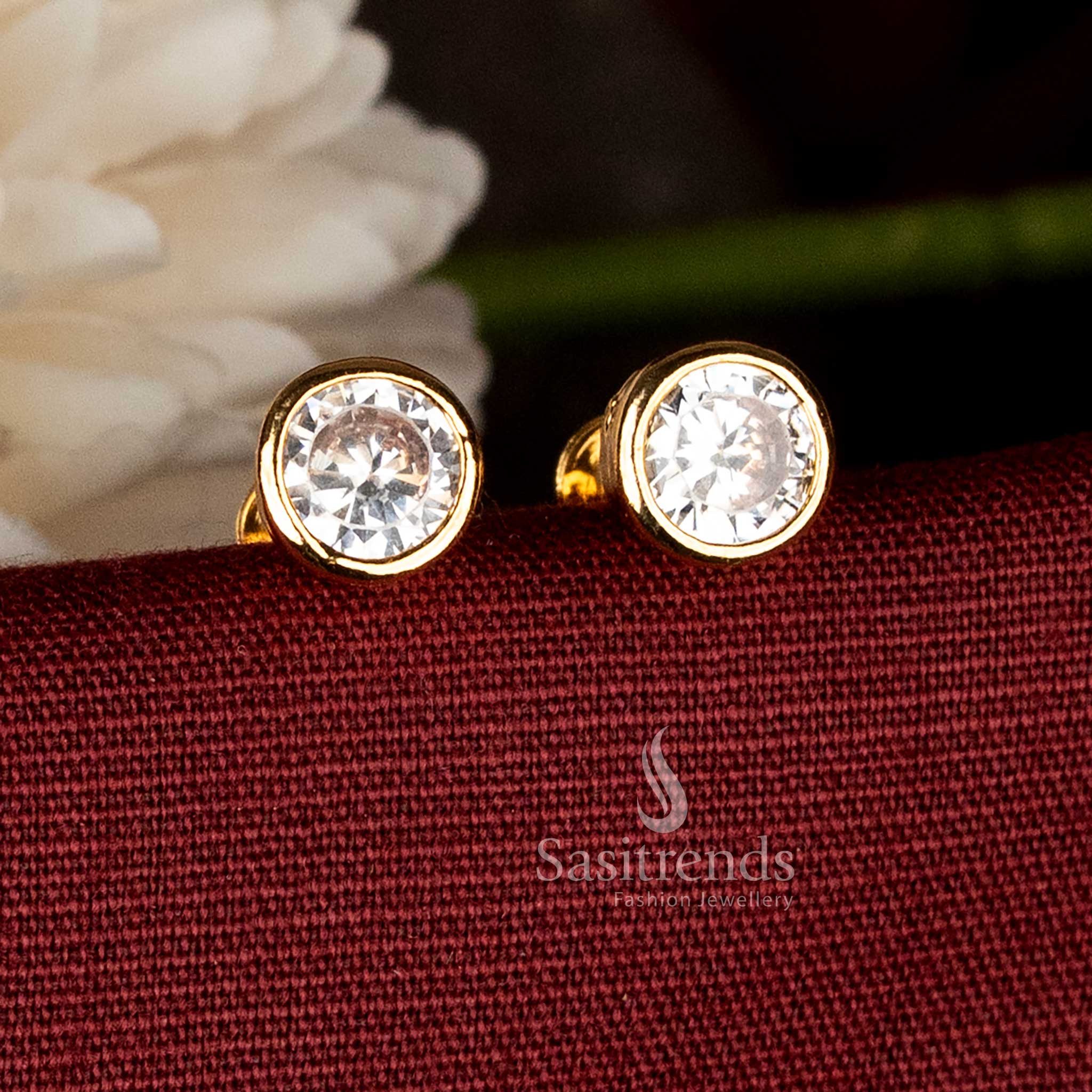 Guaranteed 24K Micro Gold Plated Classic Round AD Stone Bezel Stud Earrings with Smooth Polished Rim Design | Daily & Casual Wear