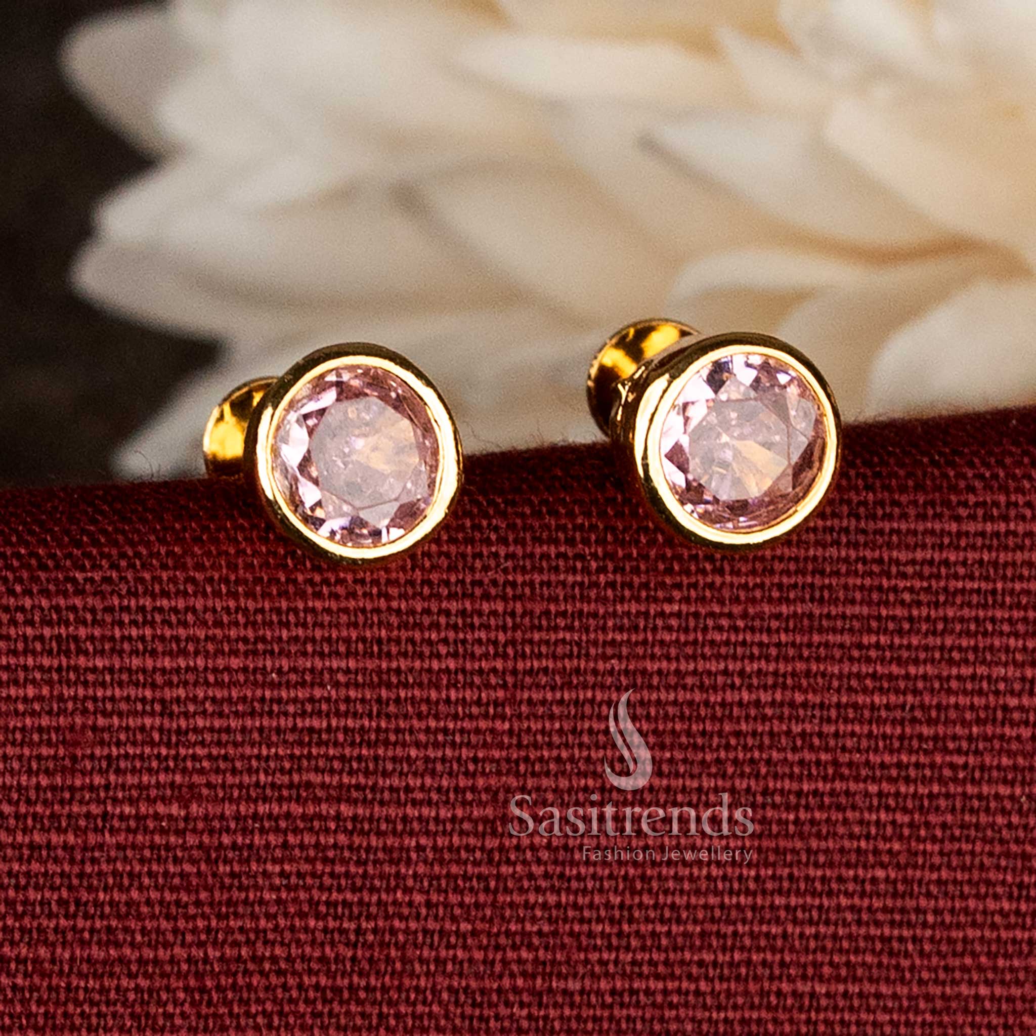 Guaranteed 24K Micro Gold Plated Classic Round AD Stone Bezel Stud Earrings with Smooth Polished Rim Design | Daily & Casual Wear - Image 4