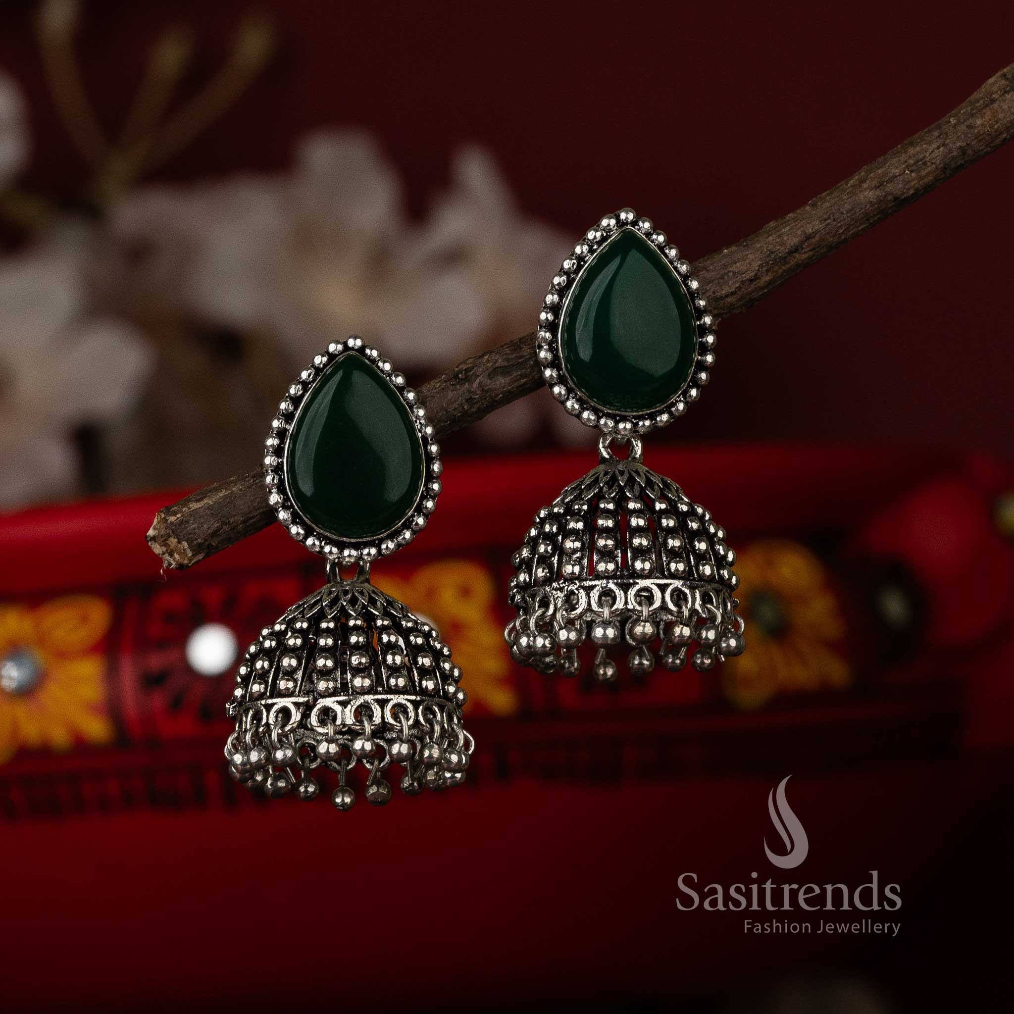 Elegant Waterdrop Monalisa Stone Oxidised Jhumka Earrings - Sasitrends - Image 4