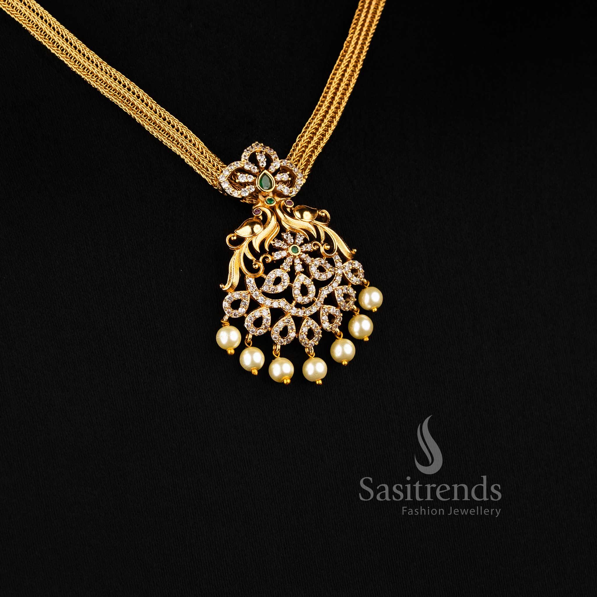New Temple Attigai Matte Gold Tone Necklace Jewellery Set, CZ Accents | Sasitrends - Image 2