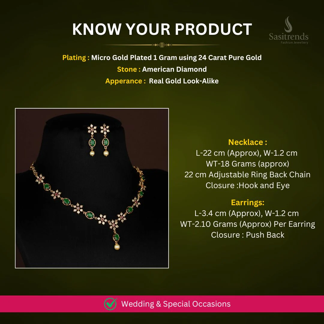 Wonderful American Diamond Multi Color Stone Studded Necklace Jewellery Set - Floral & Oval Design - Sasitrends - Image 2