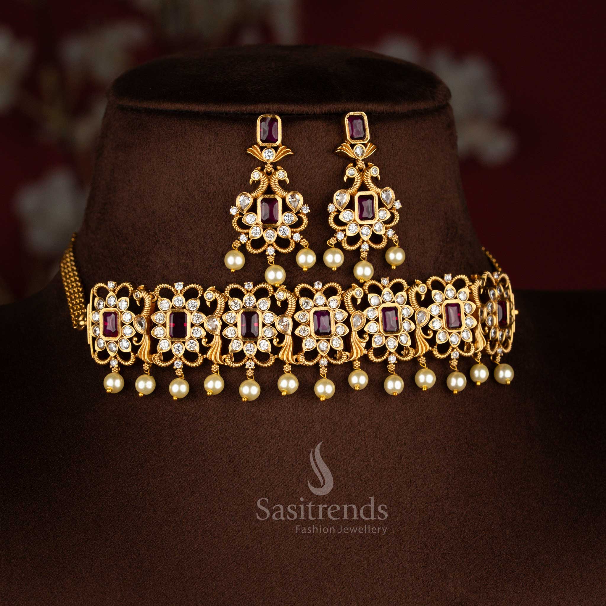 New Trendy Temple Matte Gold Plated AD Peacock Choker Necklace Jewellery Set | Sasitrends - Image 3