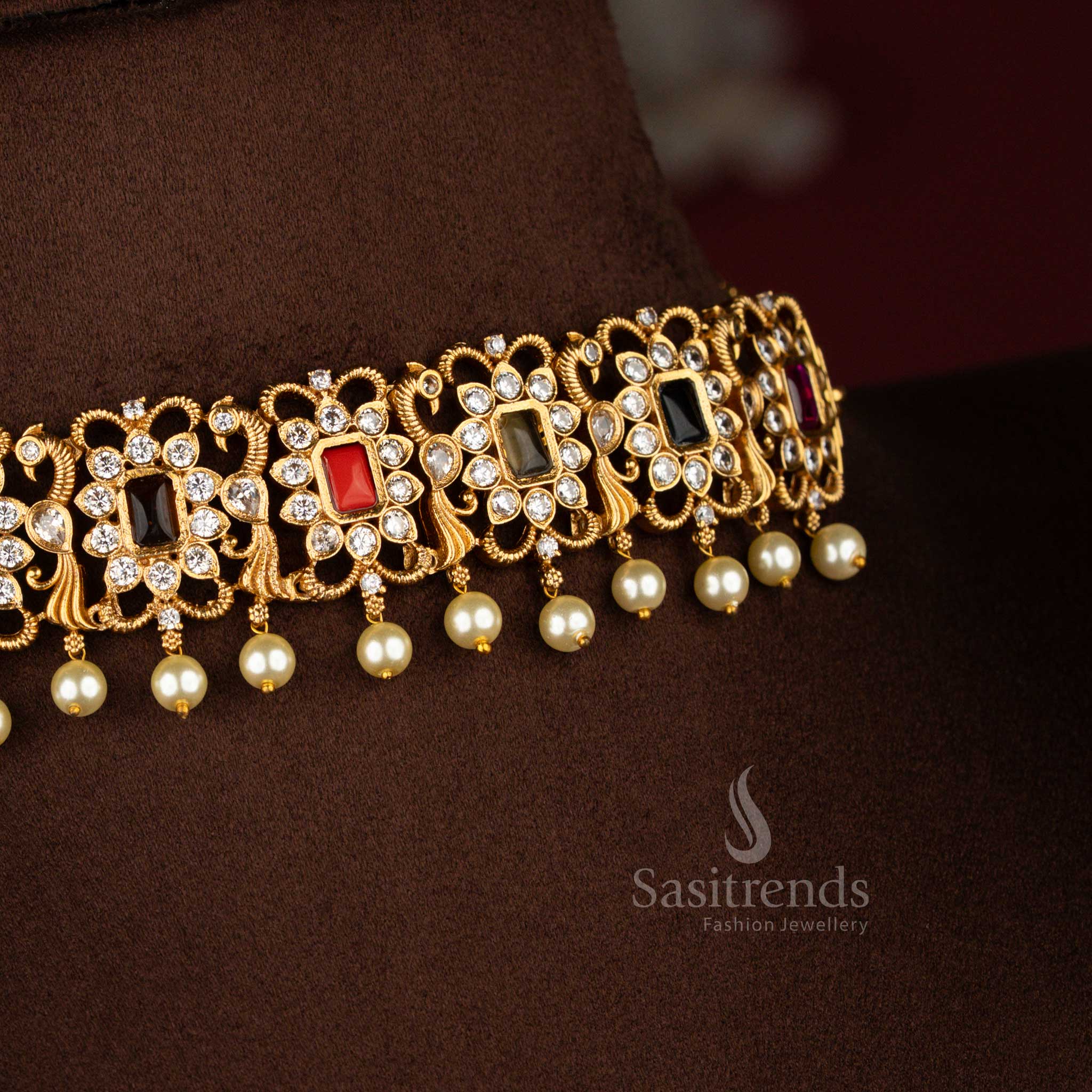 New Trendy Temple Matte Gold Plated AD Peacock Choker Necklace Jewellery Set | Sasitrends - Image 4