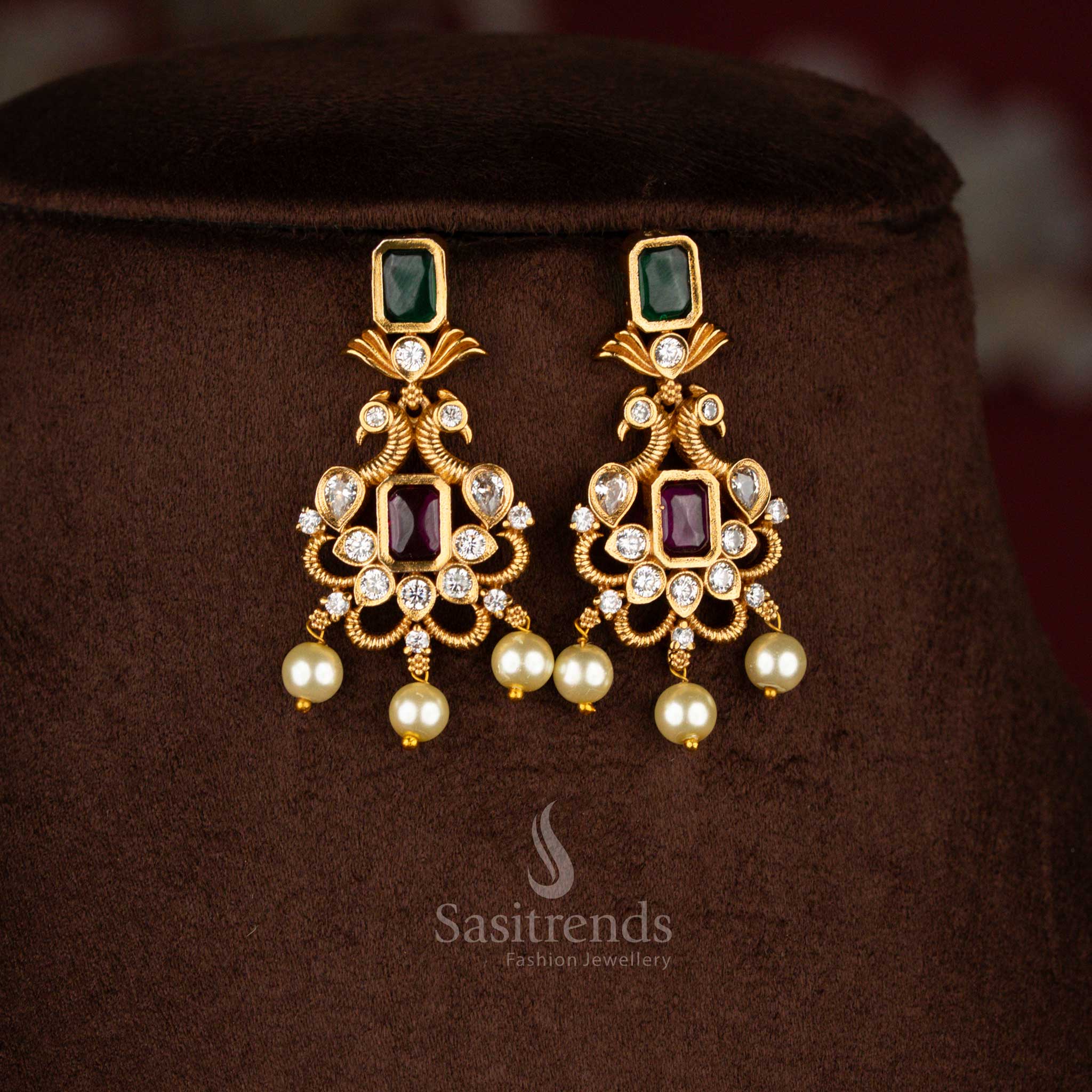 New Trendy Temple Matte Gold Plated AD Peacock Choker Necklace Jewellery Set | Sasitrends - Image 5