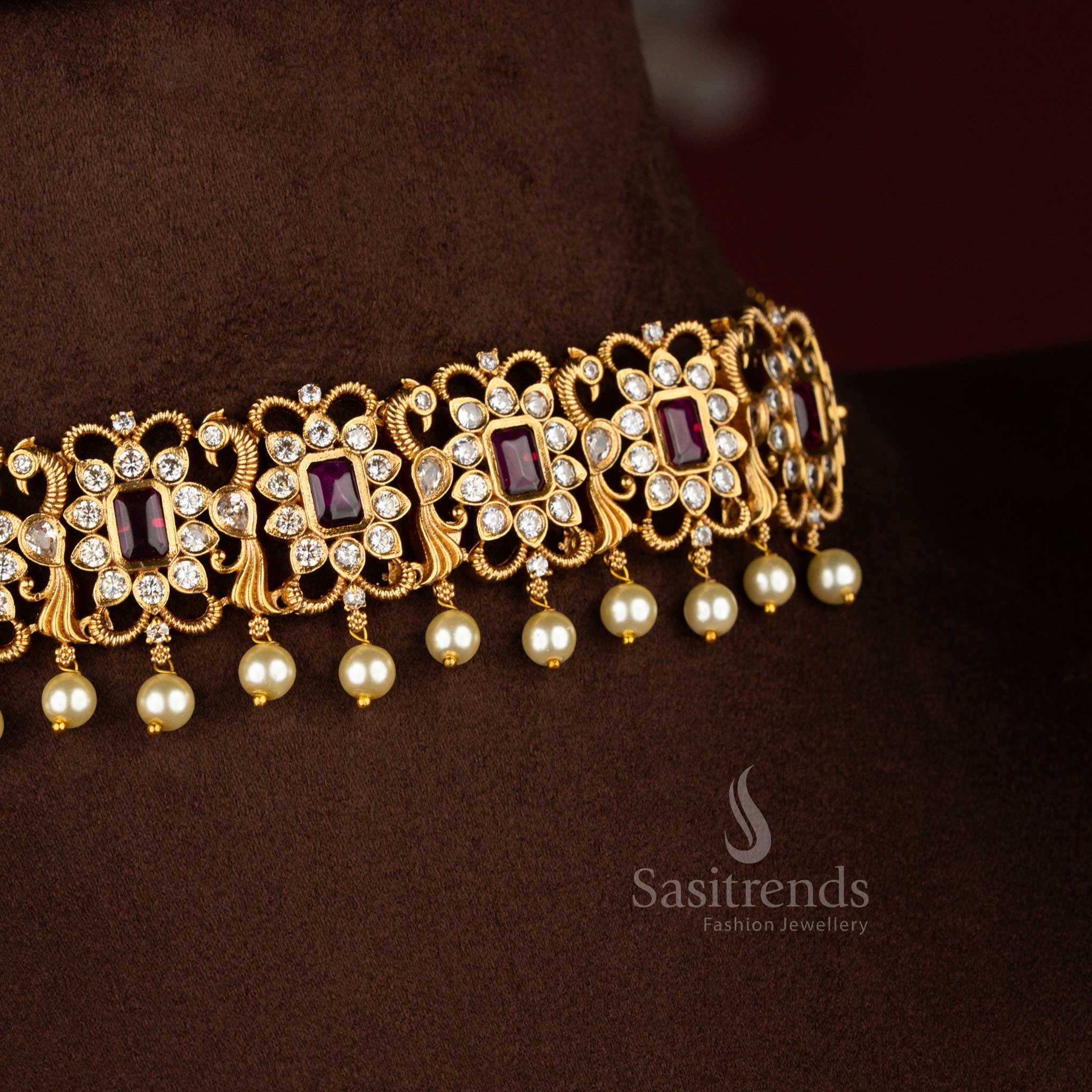 New Trendy Temple Matte Gold Plated AD Peacock Choker Necklace Jewellery Set | Sasitrends - Image 6