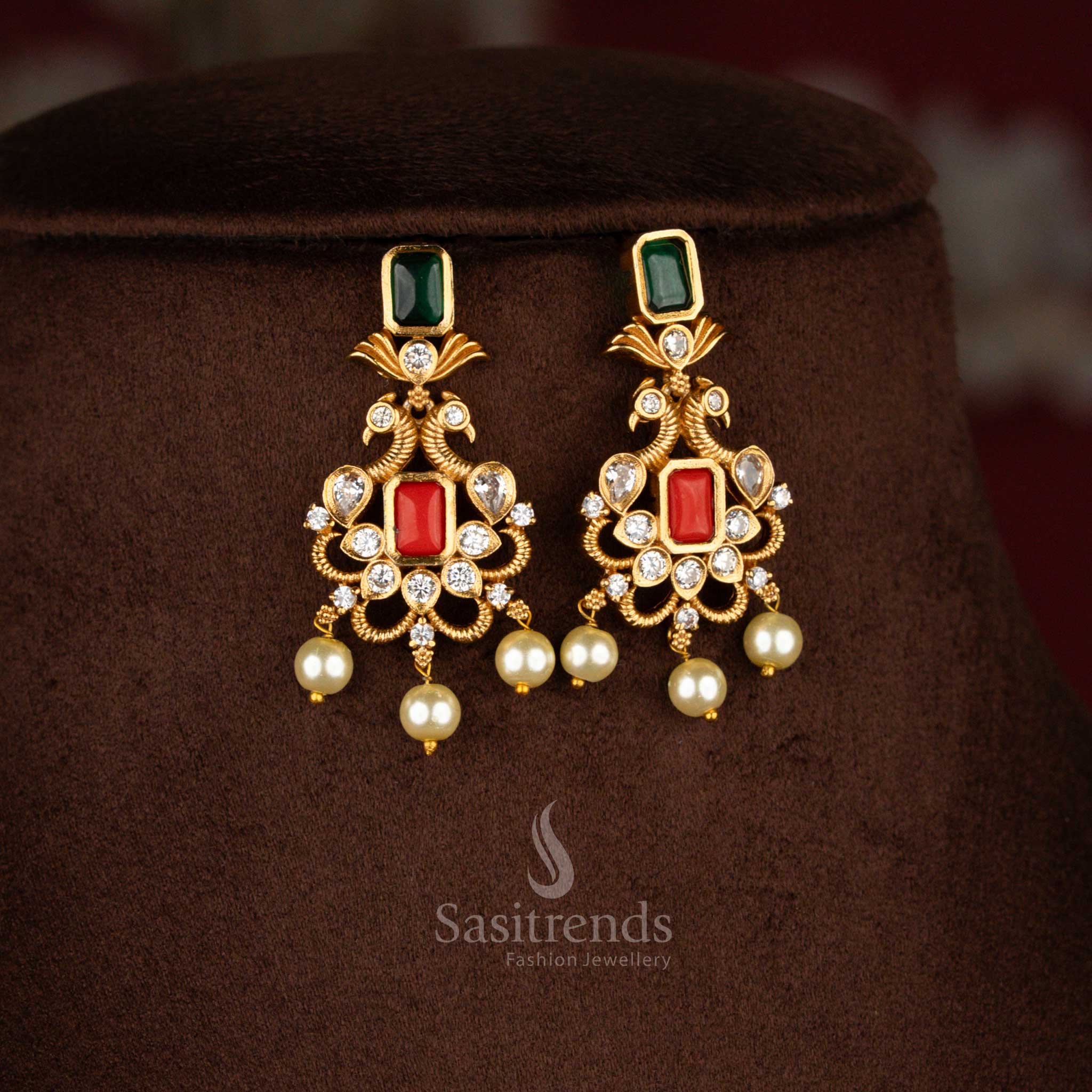 New Trendy Temple Matte Gold Plated AD Peacock Choker Necklace Jewellery Set | Sasitrends - Image 7