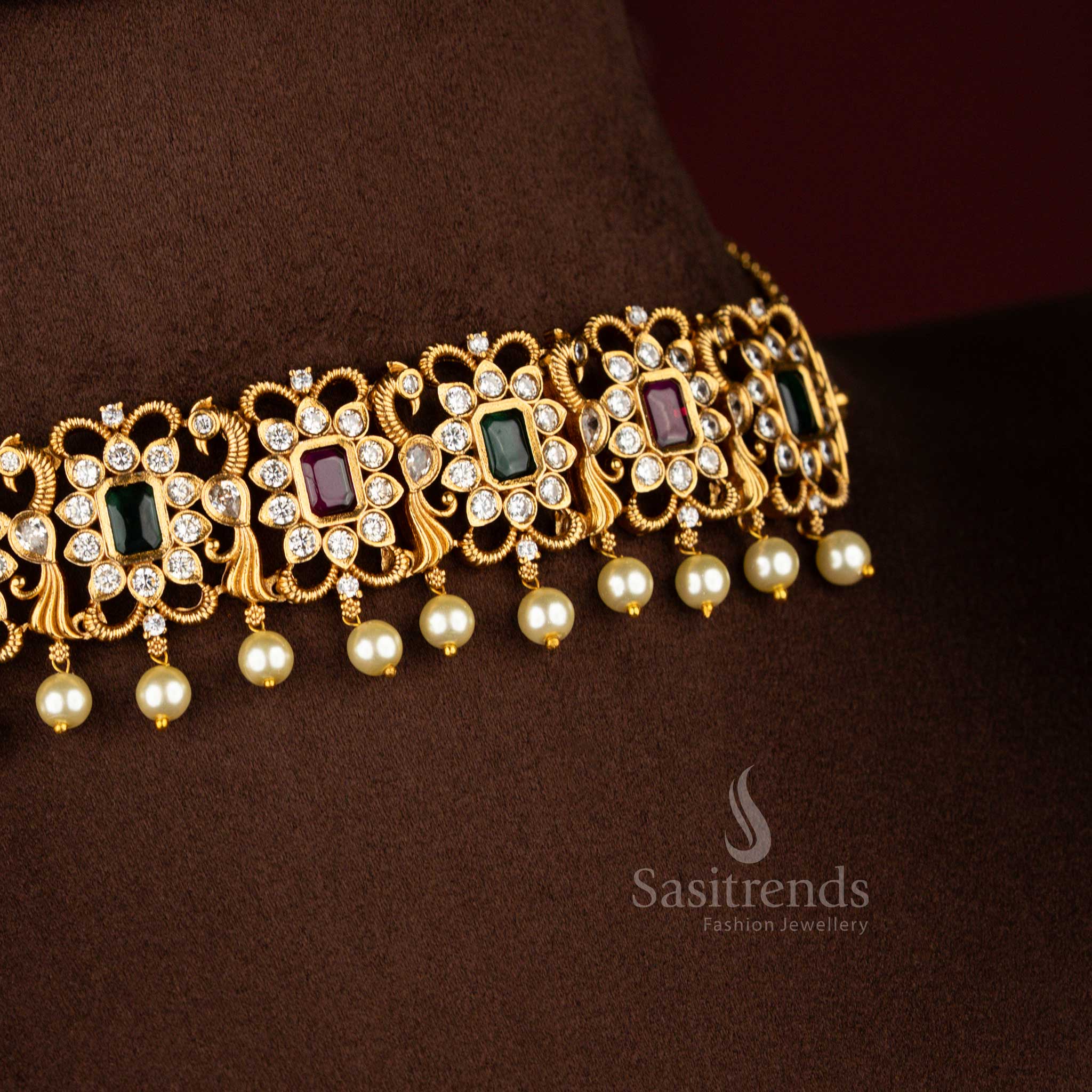 New Trendy Temple Matte Gold Plated AD Peacock Choker Necklace Jewellery Set | Sasitrends - Image 8