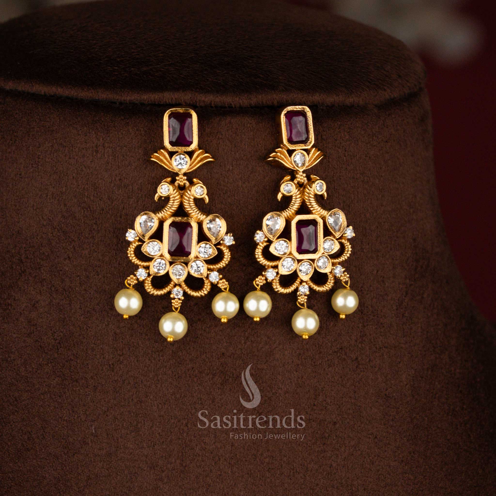 New Trendy Temple Matte Gold Plated AD Peacock Choker Necklace Jewellery Set | Sasitrends - Image 9