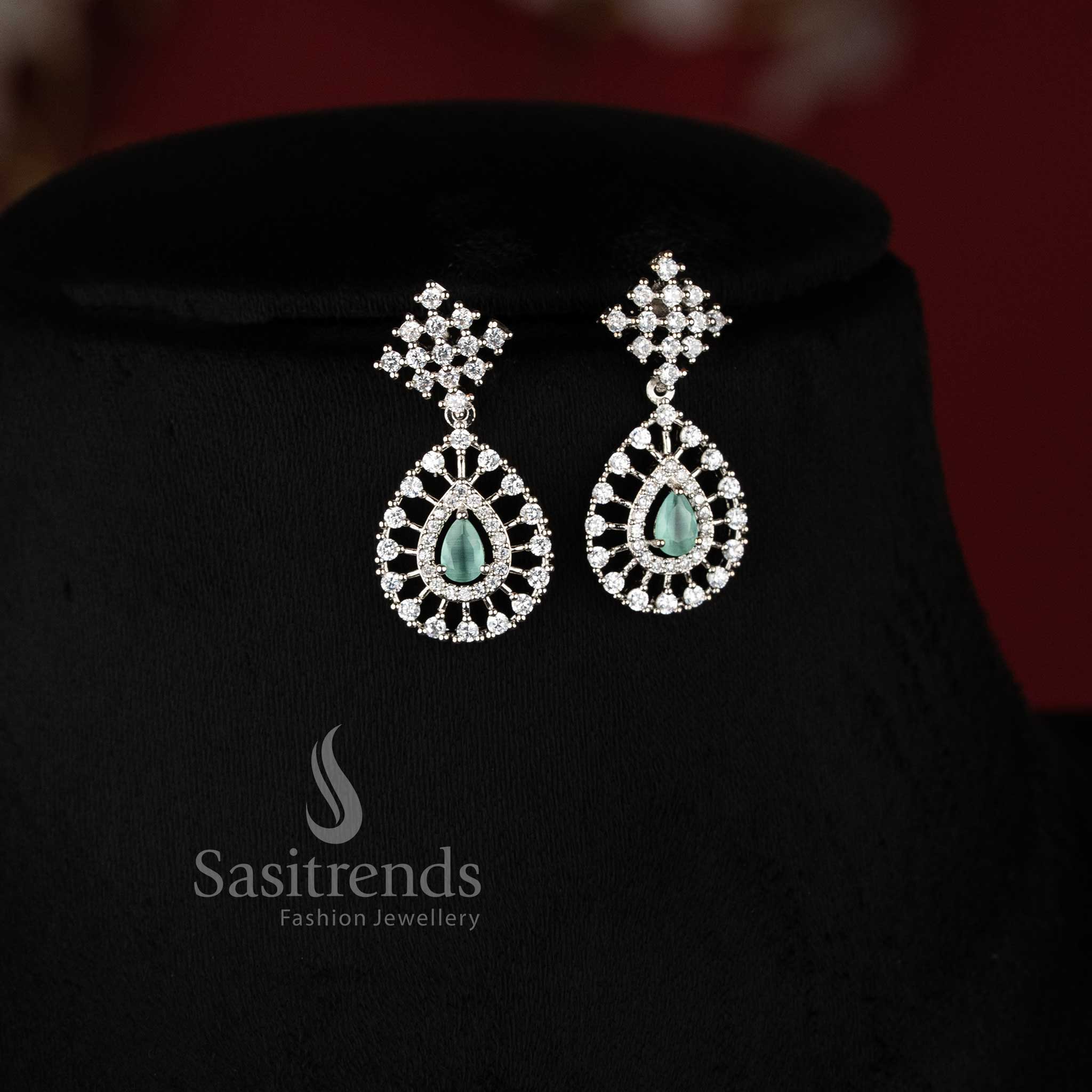 Trendy Rich Look Party Wear American Diamond Stones Necklace Jewellery Set with Rhodium Silver Plated Thilak Pendant | Sasitrends - Image 11