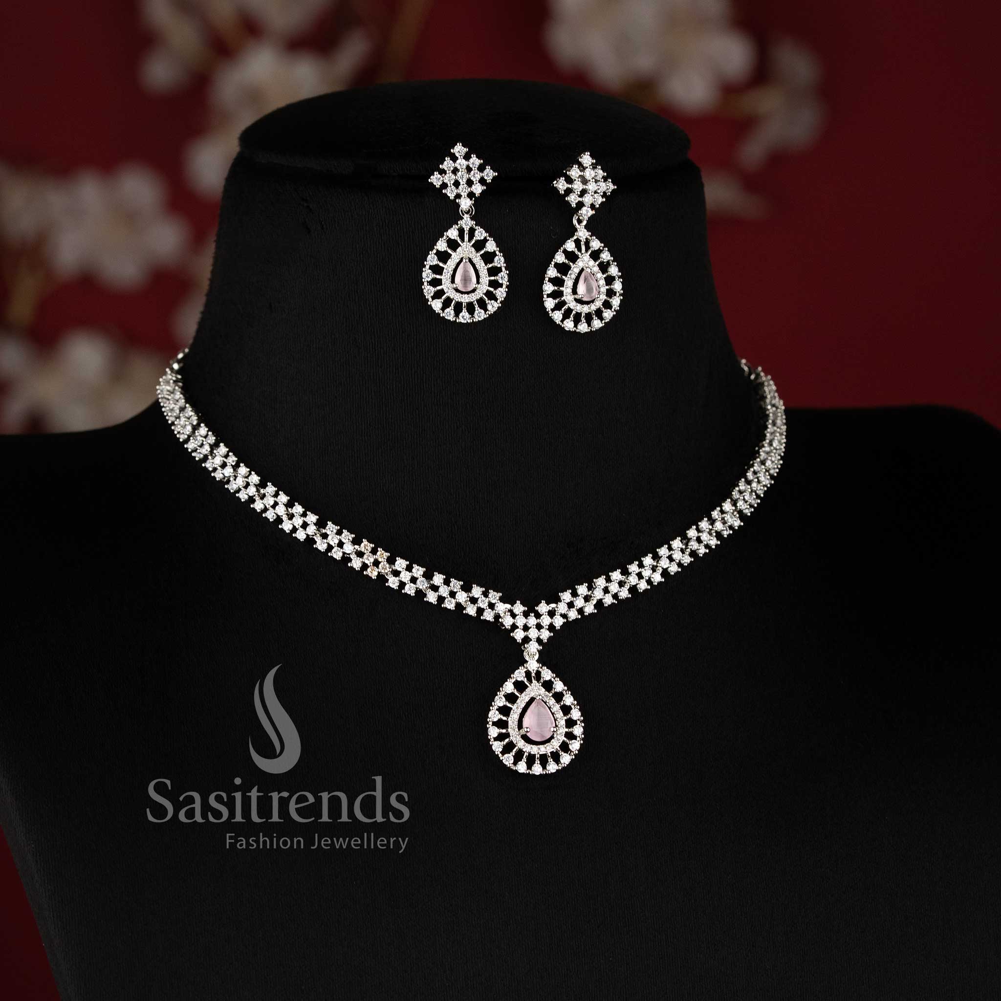 Trendy Rich Look Party Wear American Diamond Stones Necklace Jewellery Set with Rhodium Silver Plated Thilak Pendant | Sasitrends - Image 12