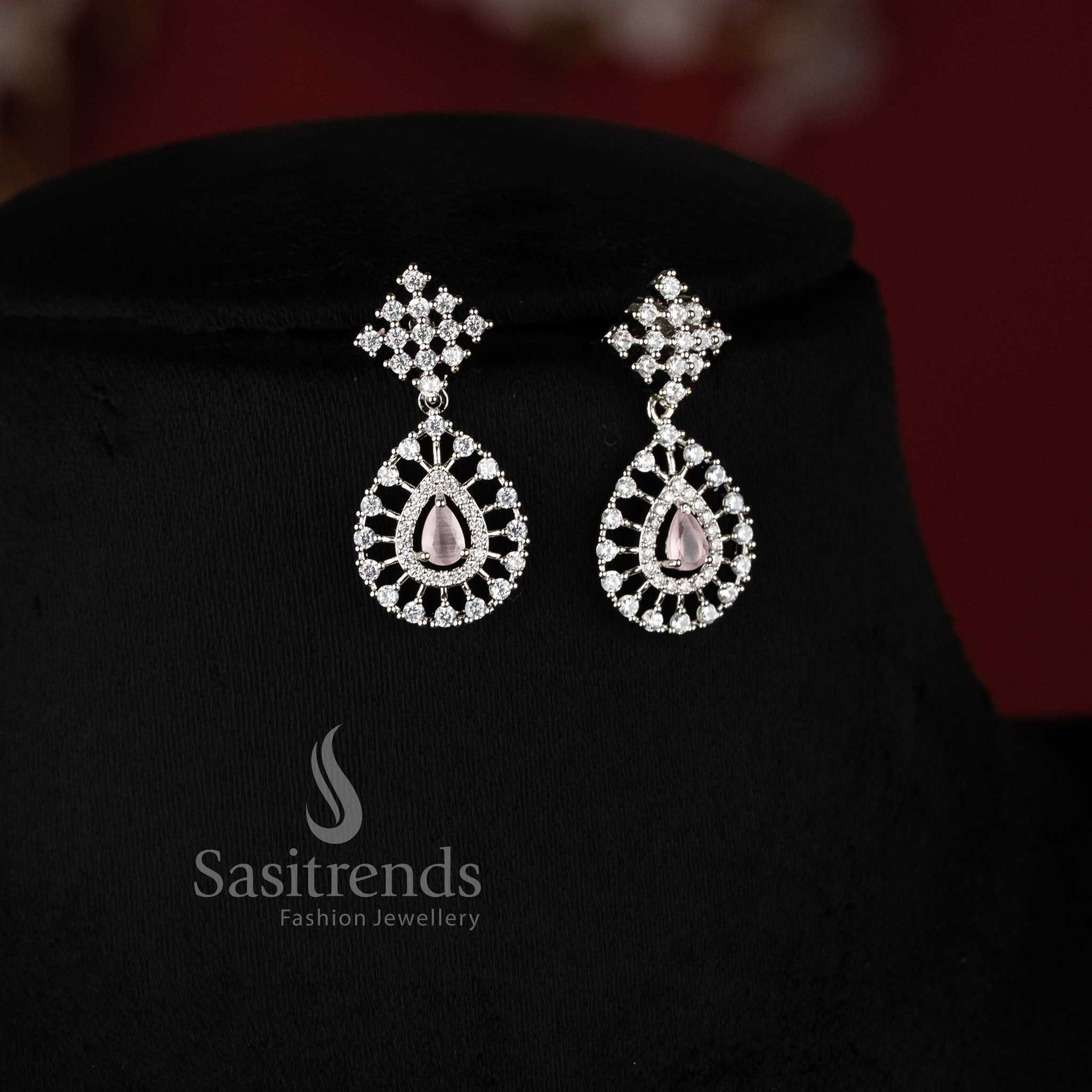 Trendy Rich Look Party Wear American Diamond Stones Necklace Jewellery Set with Rhodium Silver Plated Thilak Pendant | Sasitrends - Image 13