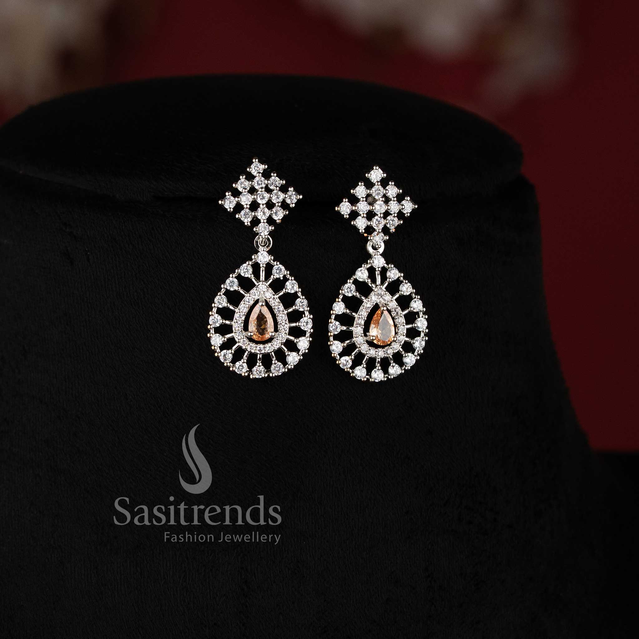Trendy Rich Look Party Wear American Diamond Stones Necklace Jewellery Set with Rhodium Silver Plated Thilak Pendant | Sasitrends - Image 17