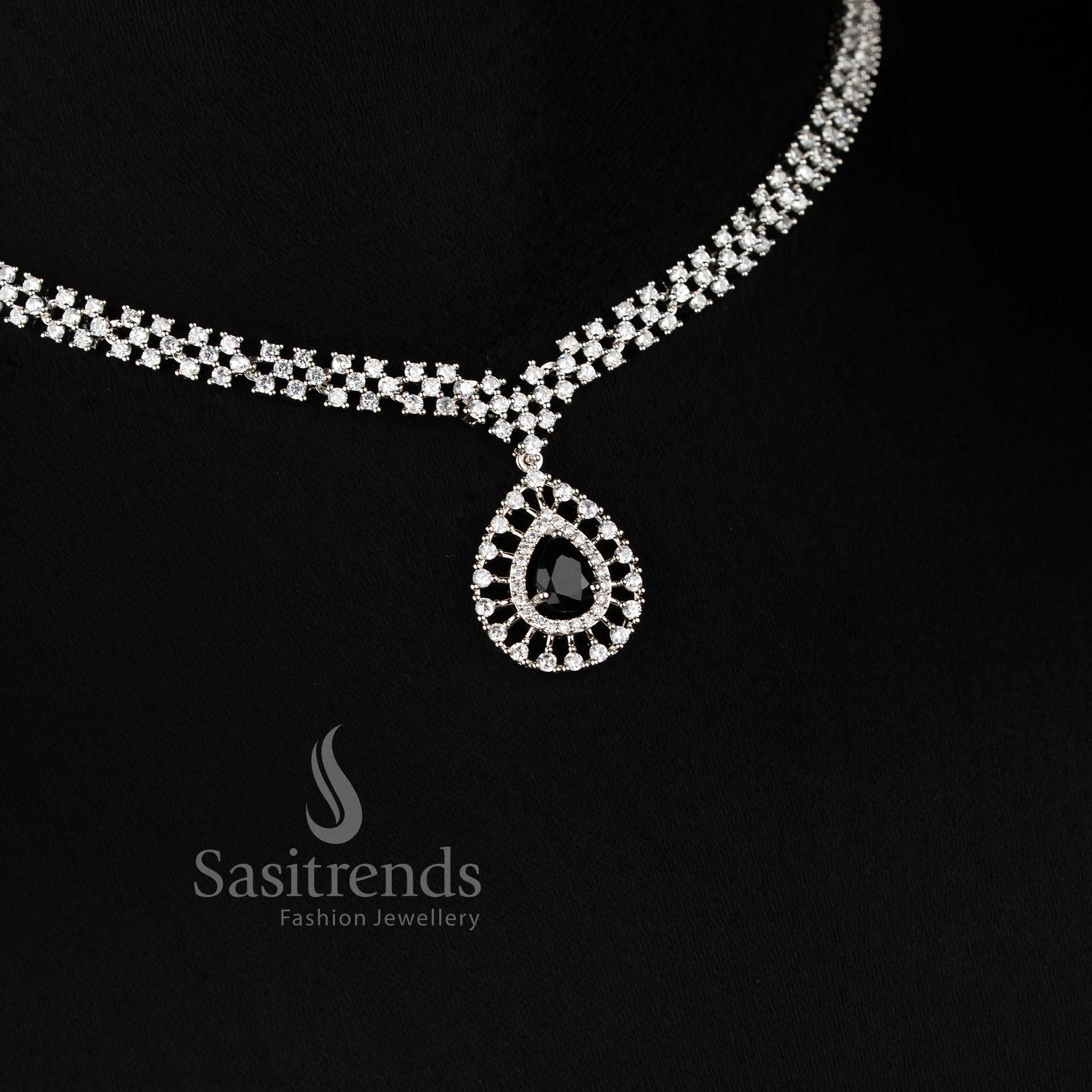 Trendy Rich Look Party Wear American Diamond Stones Necklace Jewellery Set with Rhodium Silver Plated Thilak Pendant | Sasitrends - Image 18
