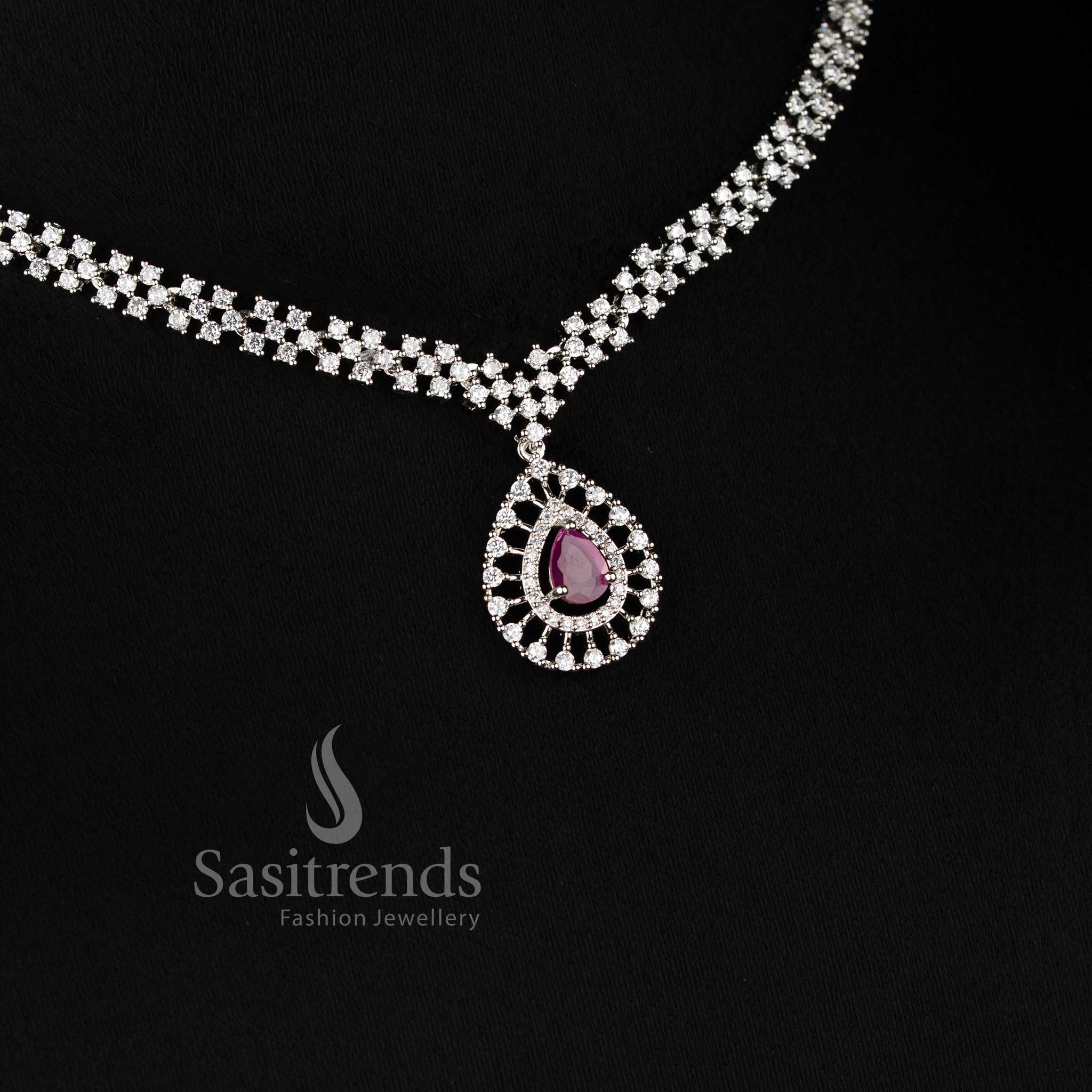 Trendy Rich Look Party Wear American Diamond Stones Necklace Jewellery Set with Rhodium Silver Plated Thilak Pendant | Sasitrends - Image 22
