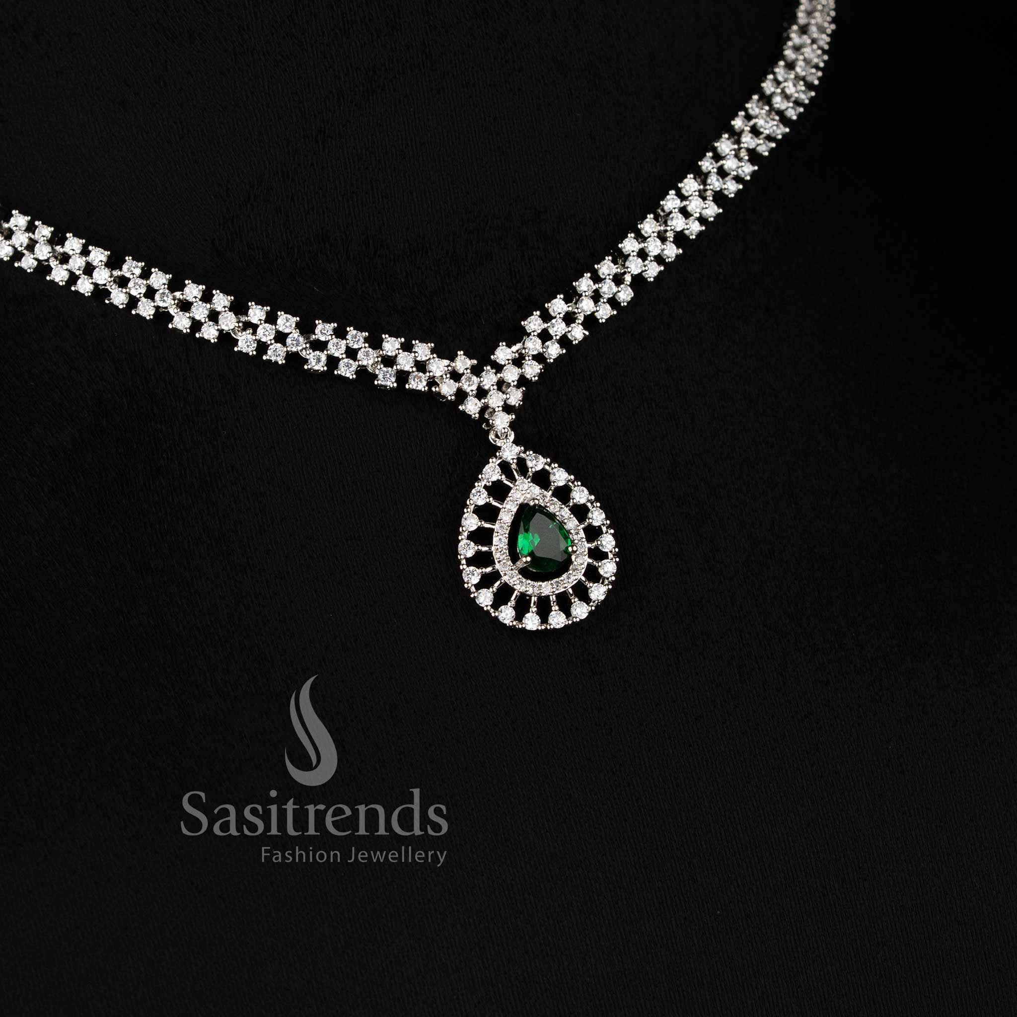 Trendy Rich Look Party Wear American Diamond Stones Necklace Jewellery Set with Rhodium Silver Plated Thilak Pendant | Sasitrends - Image 23