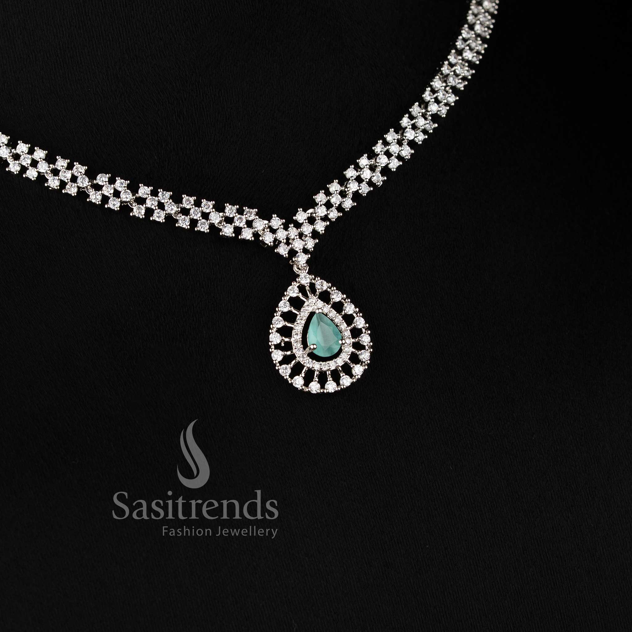 Trendy Rich Look Party Wear American Diamond Stones Necklace Jewellery Set with Rhodium Silver Plated Thilak Pendant | Sasitrends - Image 25