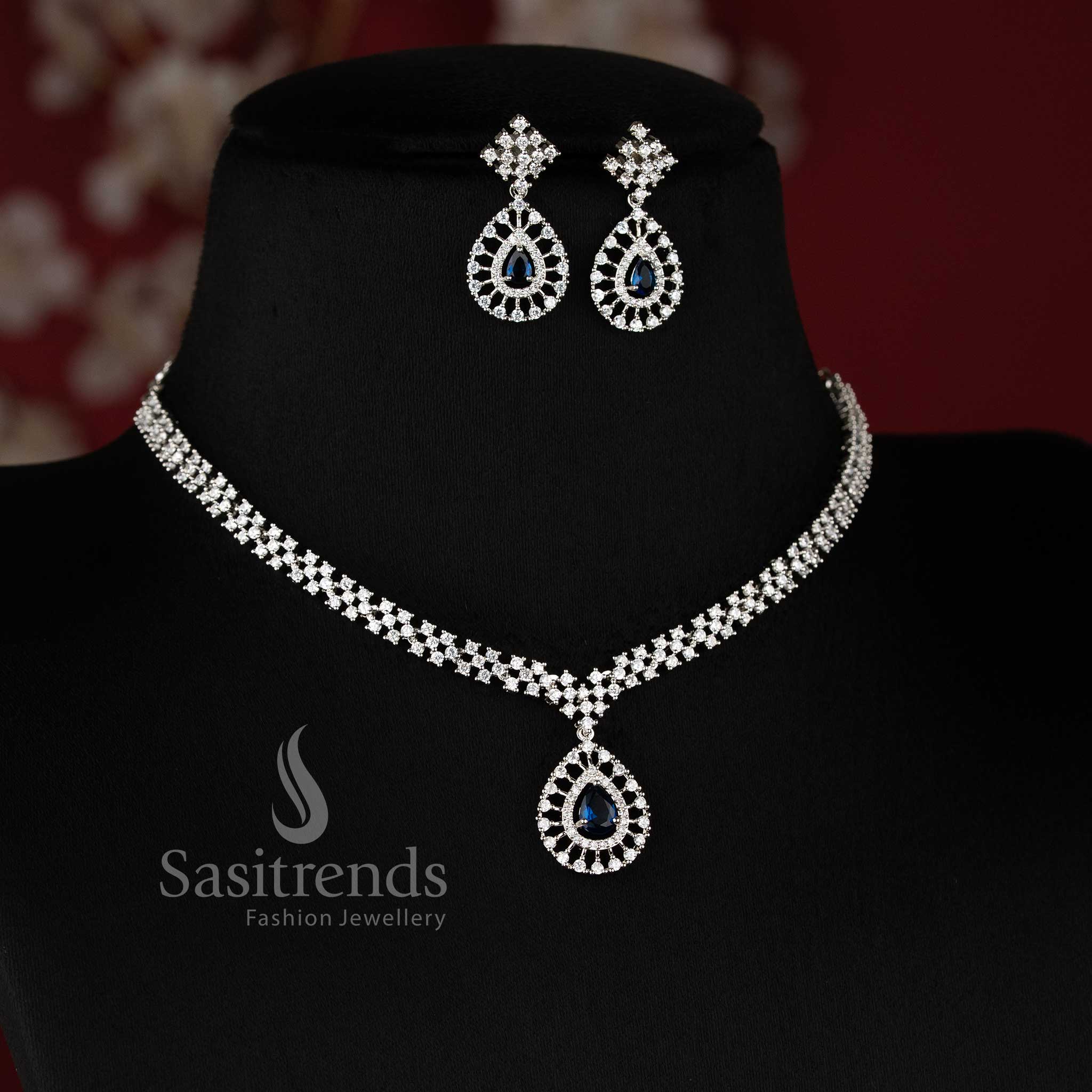Trendy Rich Look Party Wear American Diamond Stones Necklace Jewellery Set with Rhodium Silver Plated Thilak Pendant | Sasitrends - Image 4