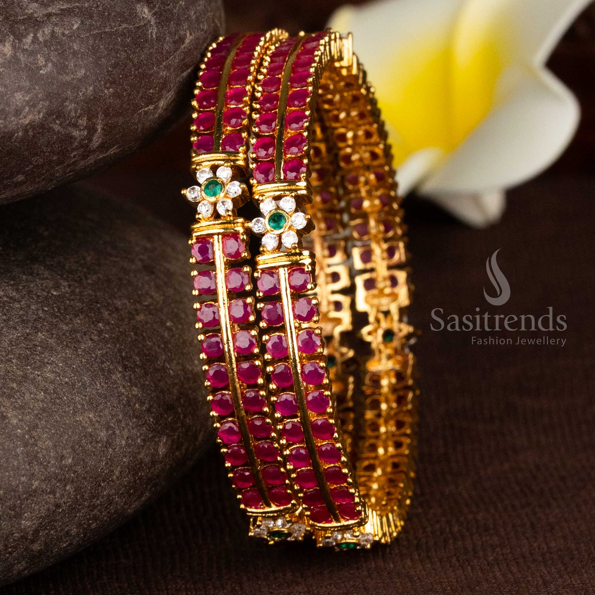 Exquisite Floral Motif Two-Line Micro Gold Plated American Diamond Bangles with 1-Year Guaranteed - Image 3