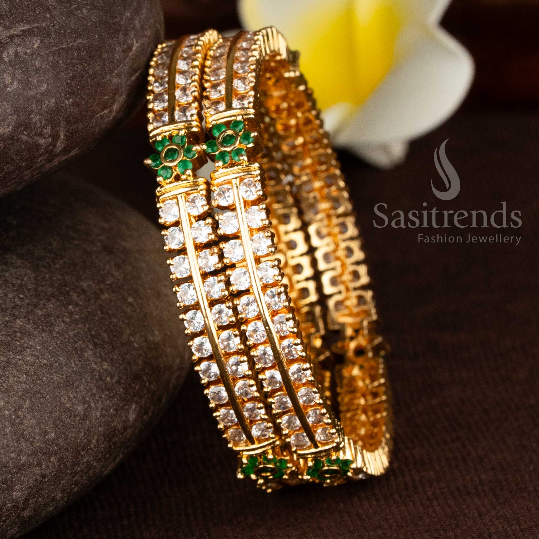 Exquisite Floral Motif Two-Line Micro Gold Plated American Diamond Bangles with 1-Year Guaranteed - Image 4