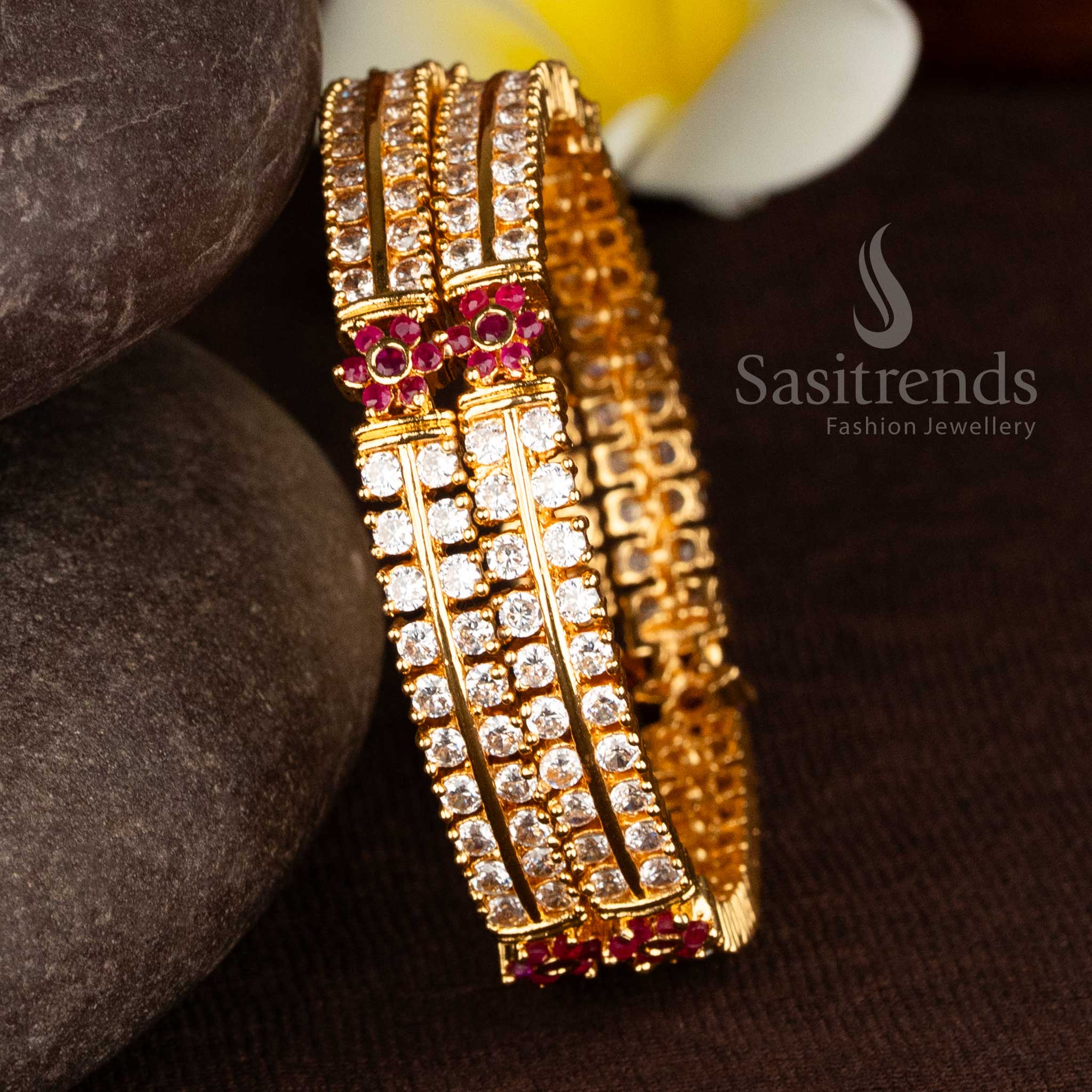 Exquisite Floral Motif Two-Line Micro Gold Plated American Diamond Bangles with 1-Year Guaranteed - Image 5