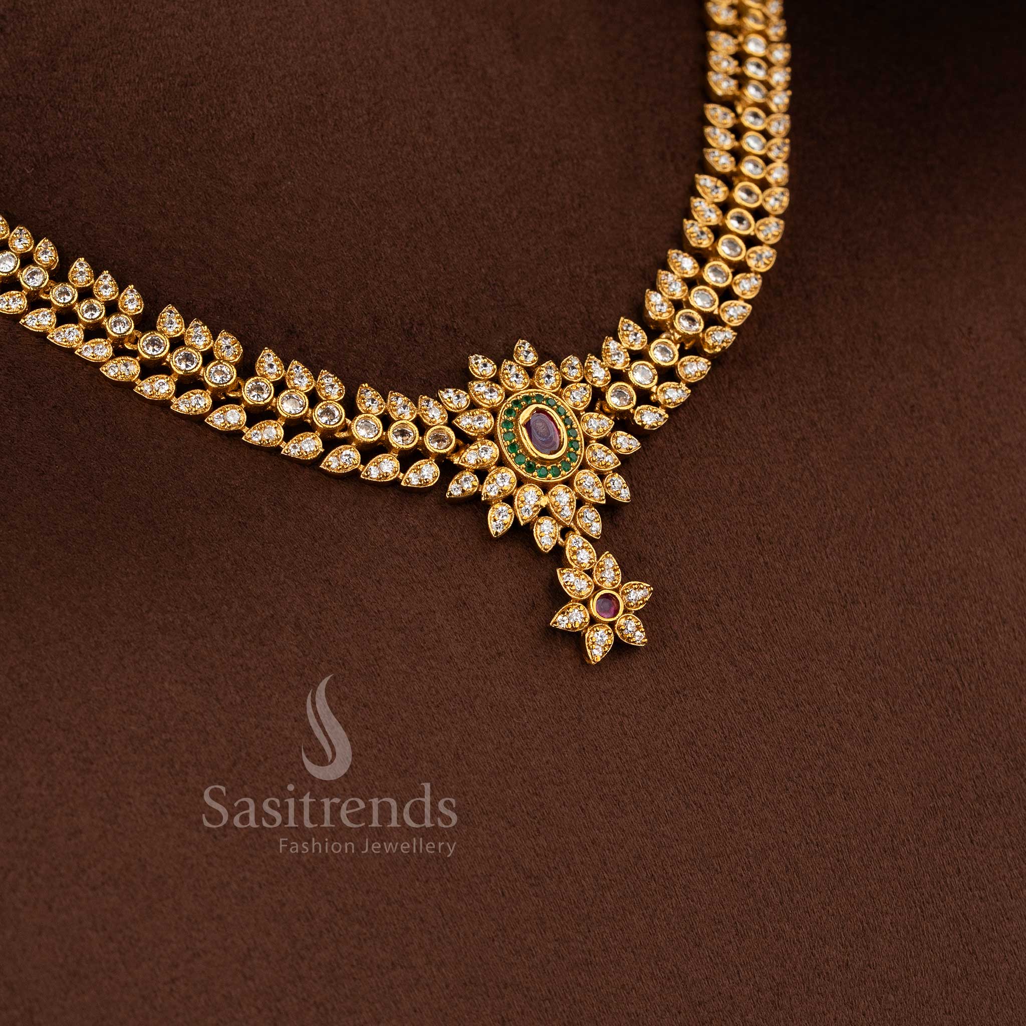 Latest Temple Matte Gold Plated Floral American Diamond Necklace Jewellery Set for Women – Perfect Occasion Wear - Image 3