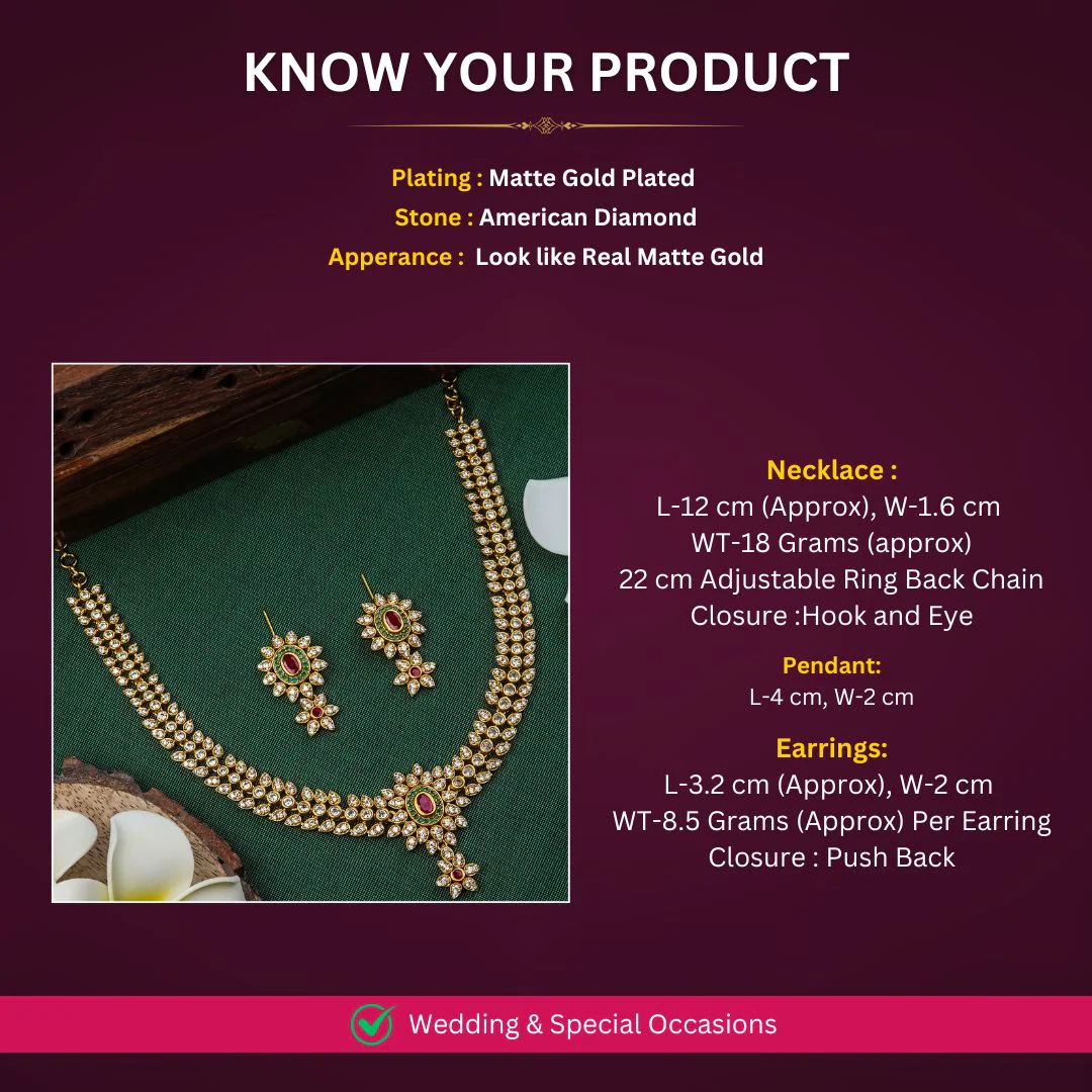 Latest Temple Matte Gold Plated Floral American Diamond Necklace Jewellery Set for Women – Perfect Occasion Wear - Image 5