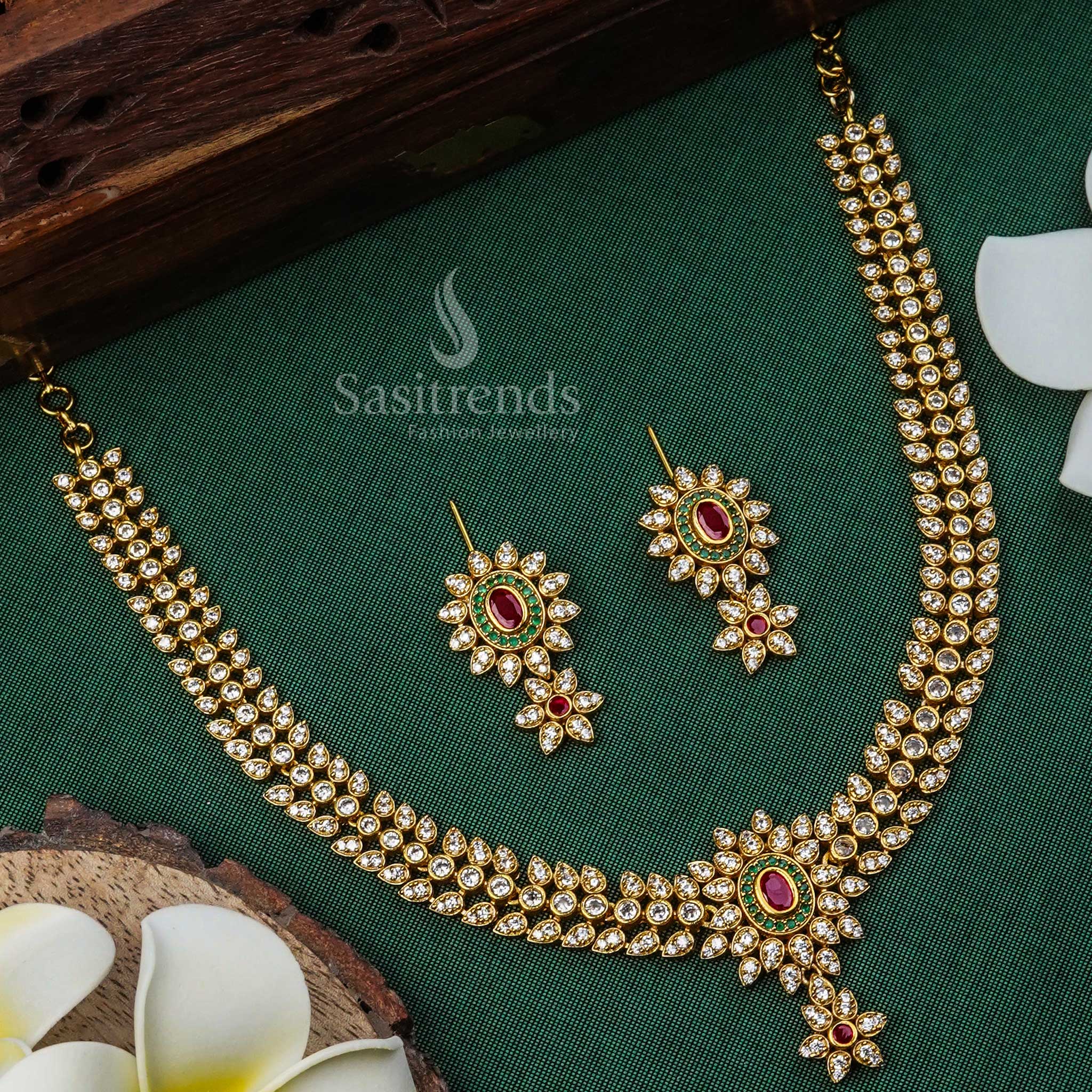 Latest Temple Matte Gold Plated Floral American Diamond Necklace Jewellery Set for Women – Perfect Occasion Wear - Image 6