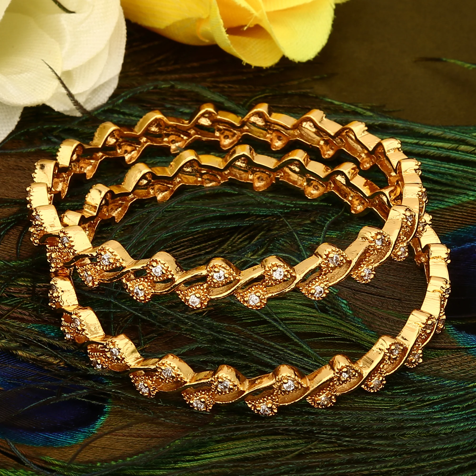 Leaf Pattern Micro Gold Plated American Diamond Bangles with 1-Year Guarantee  - Sasitrends - Image 3