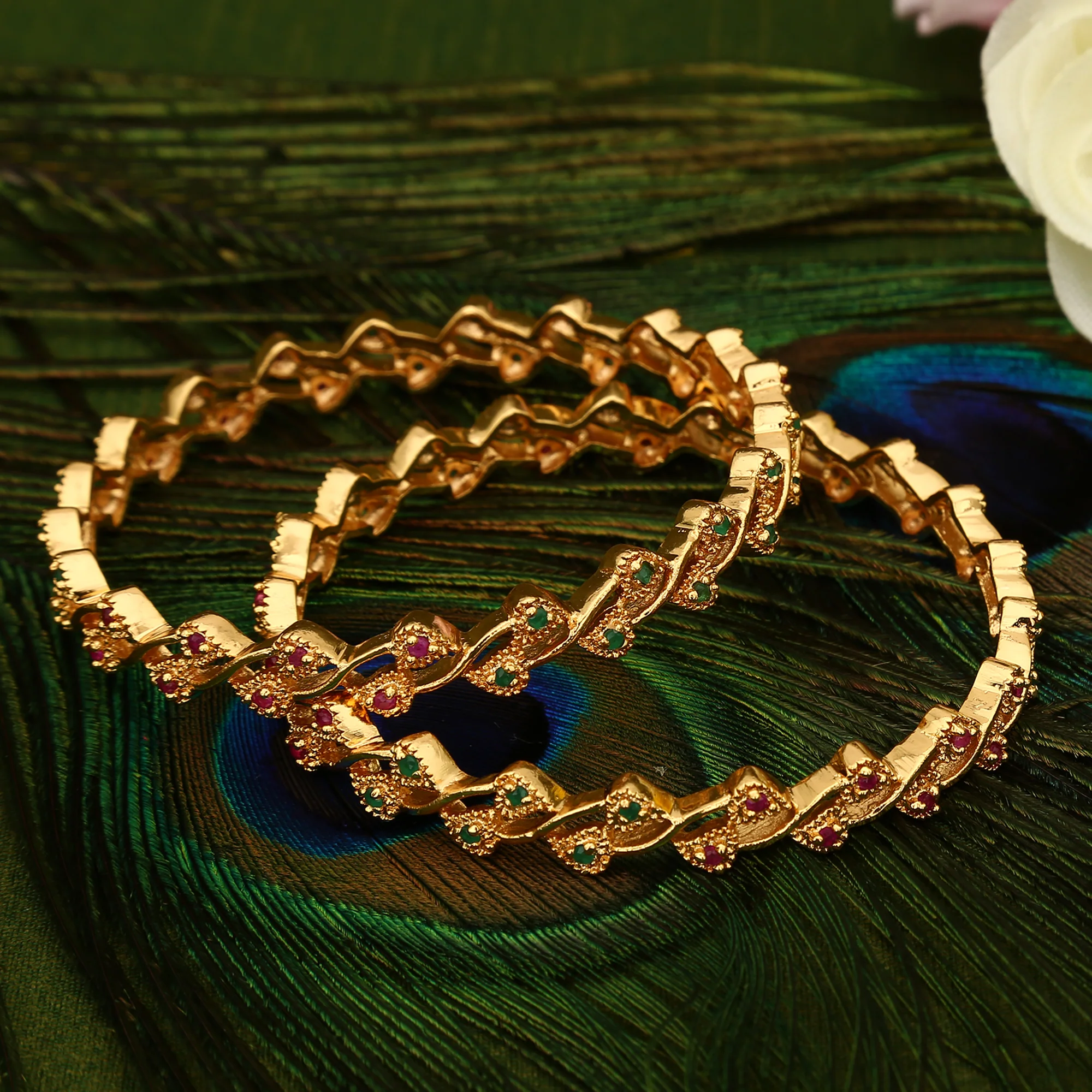 Leaf Pattern Micro Gold Plated American Diamond Bangles with 1-Year Guarantee  - Sasitrends - Image 5