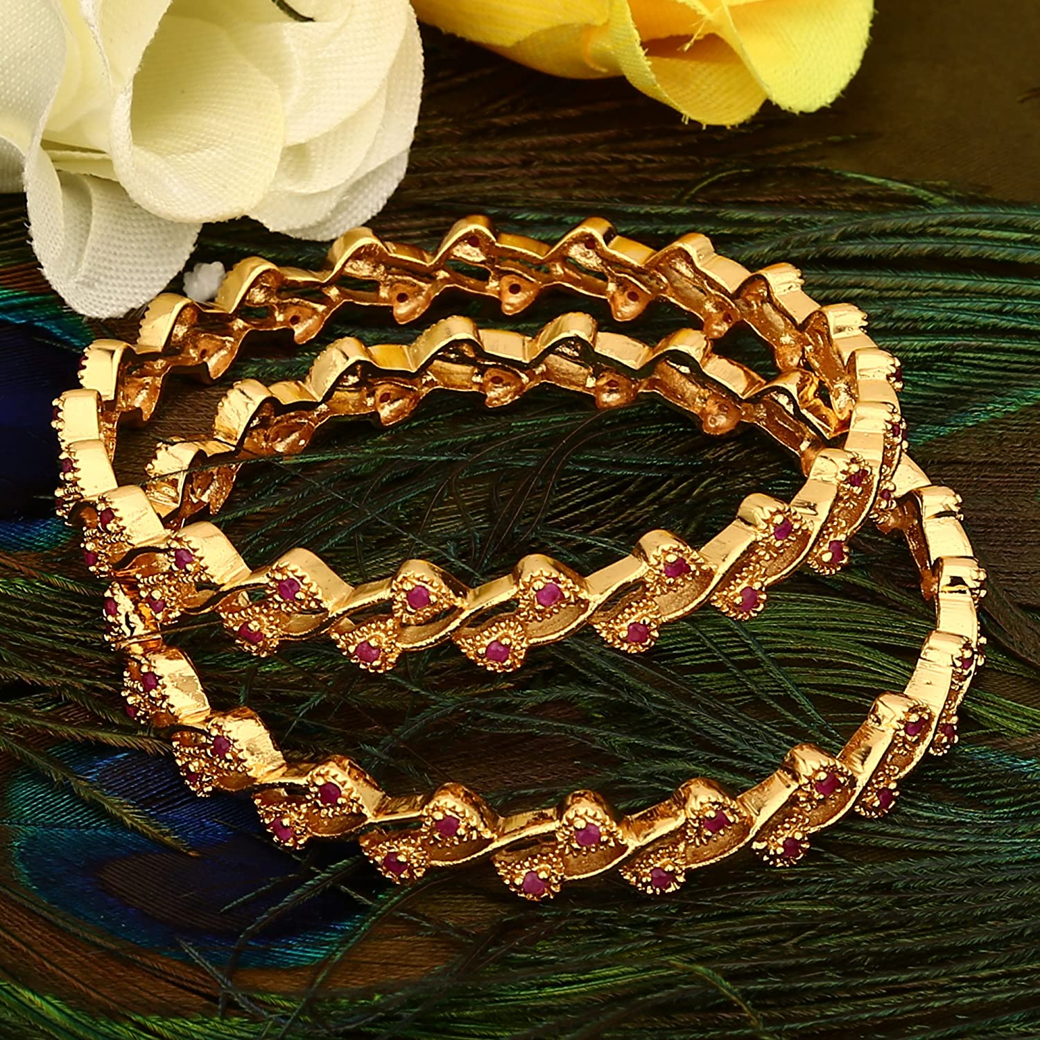 Leaf Pattern Micro Gold Plated American Diamond Bangles with 1-Year Guarantee  - Sasitrends - Image 6