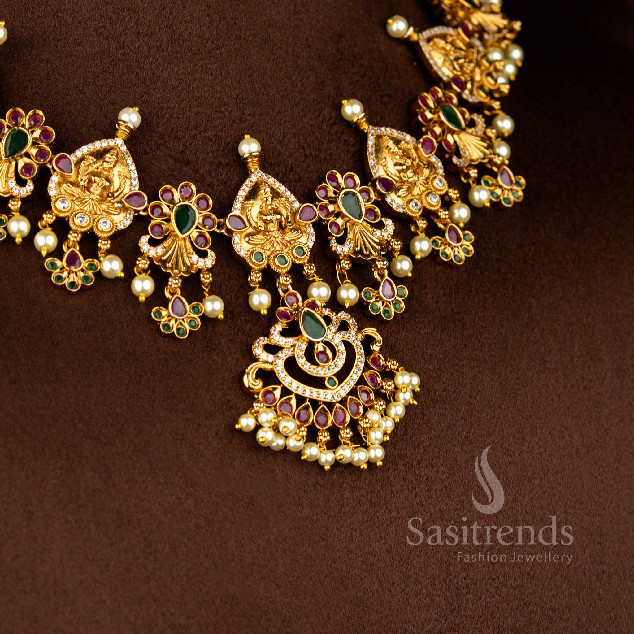 Traditional Bridal Lakshmi & AD Stones Temple Matte Gold Plated Pearl Necklace Jewellery Set for Women | Sasitrends - Image 3