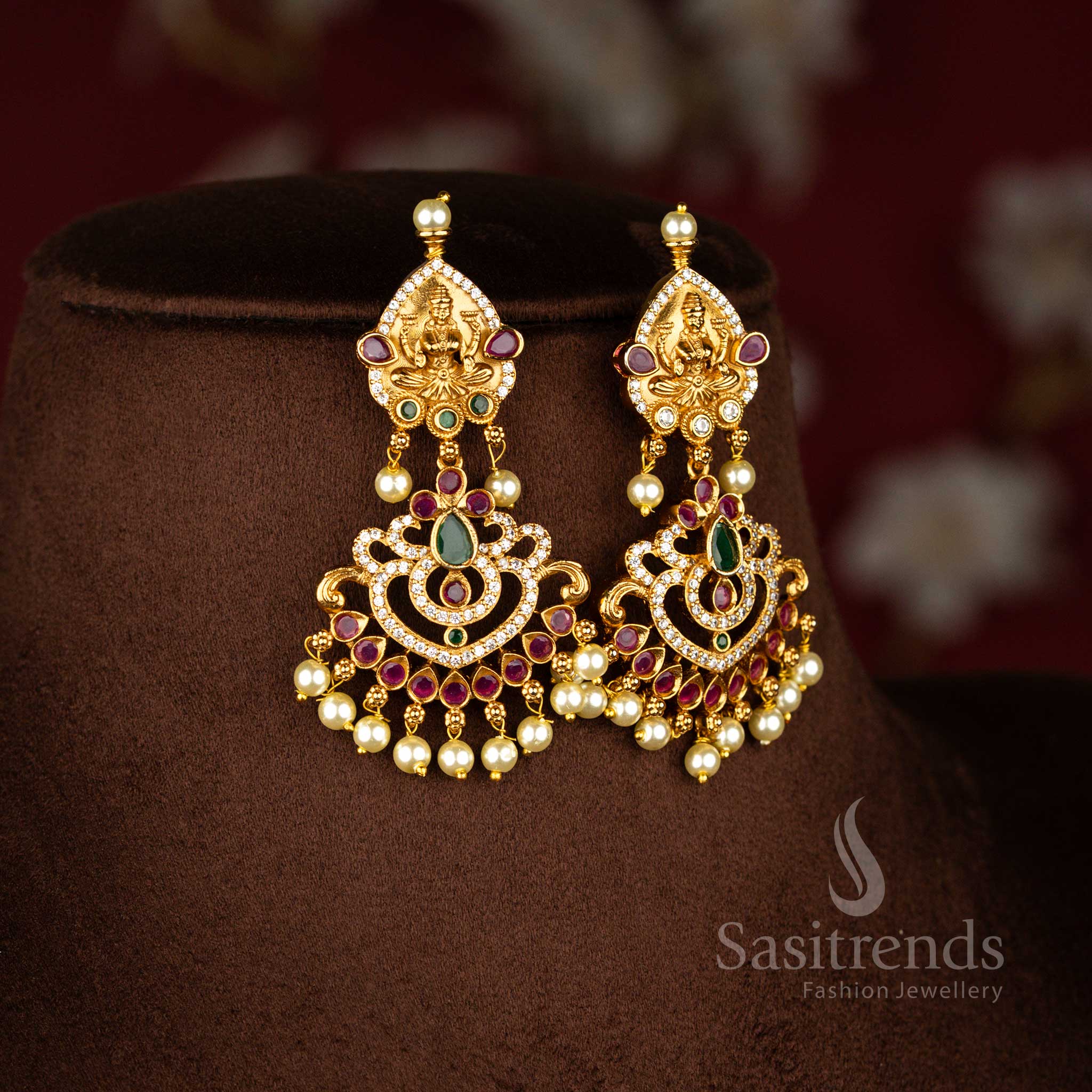 Traditional Bridal Lakshmi & AD Stones Temple Matte Gold Plated Pearl Necklace Jewellery Set for Women | Sasitrends - Image 4