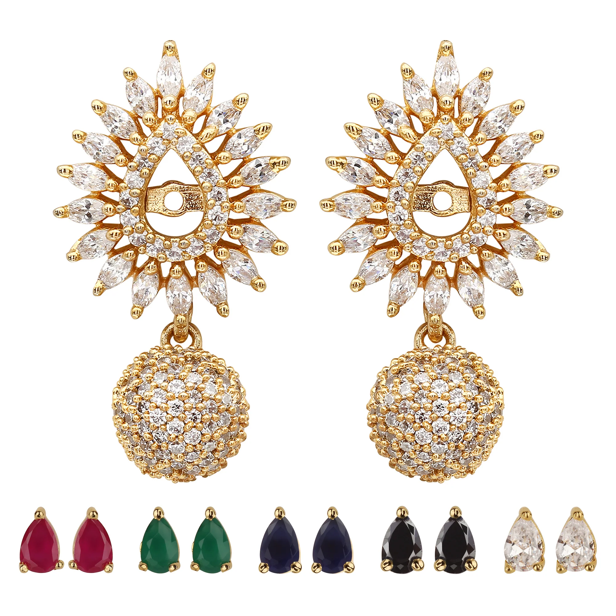 Changeable Stone Sunburst Design American Diamond Gold Plated Earrings - Sasitrends - Image 3
