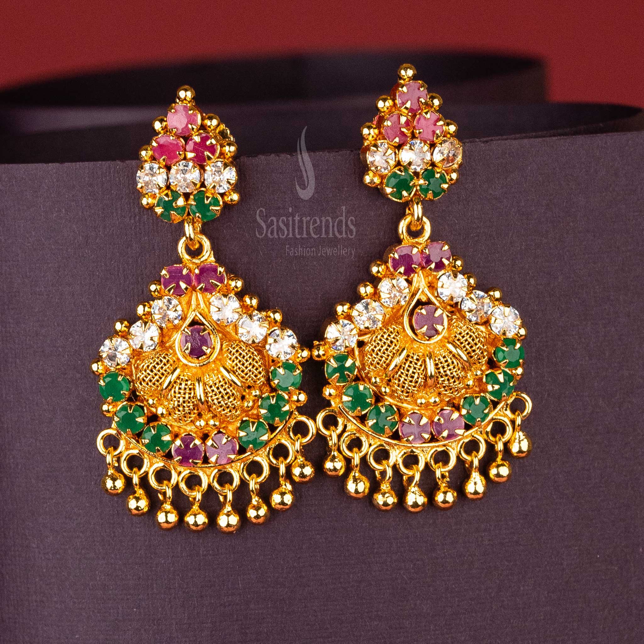 Sasitrends | One Gram Micro Gold-Plated Floral AD Stone Studded Earrings - Image 2