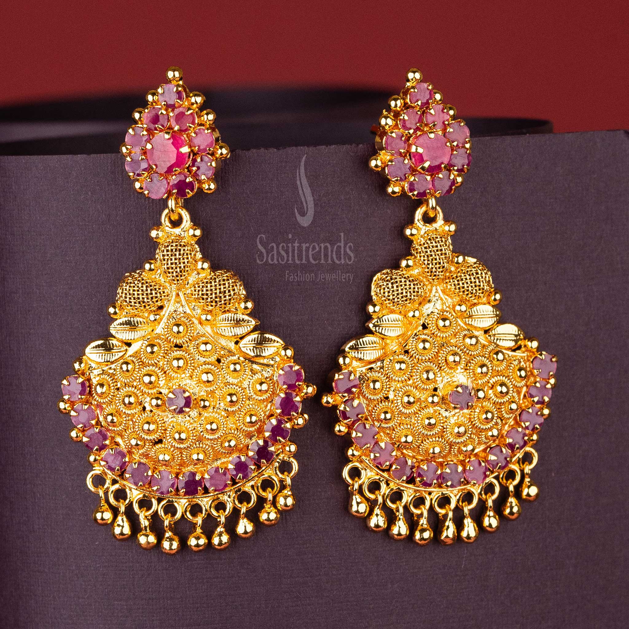 Sasitrends - Traditional Micro Gold Plated Crescent Shaped Earrings AD Stone Studded - Image 2