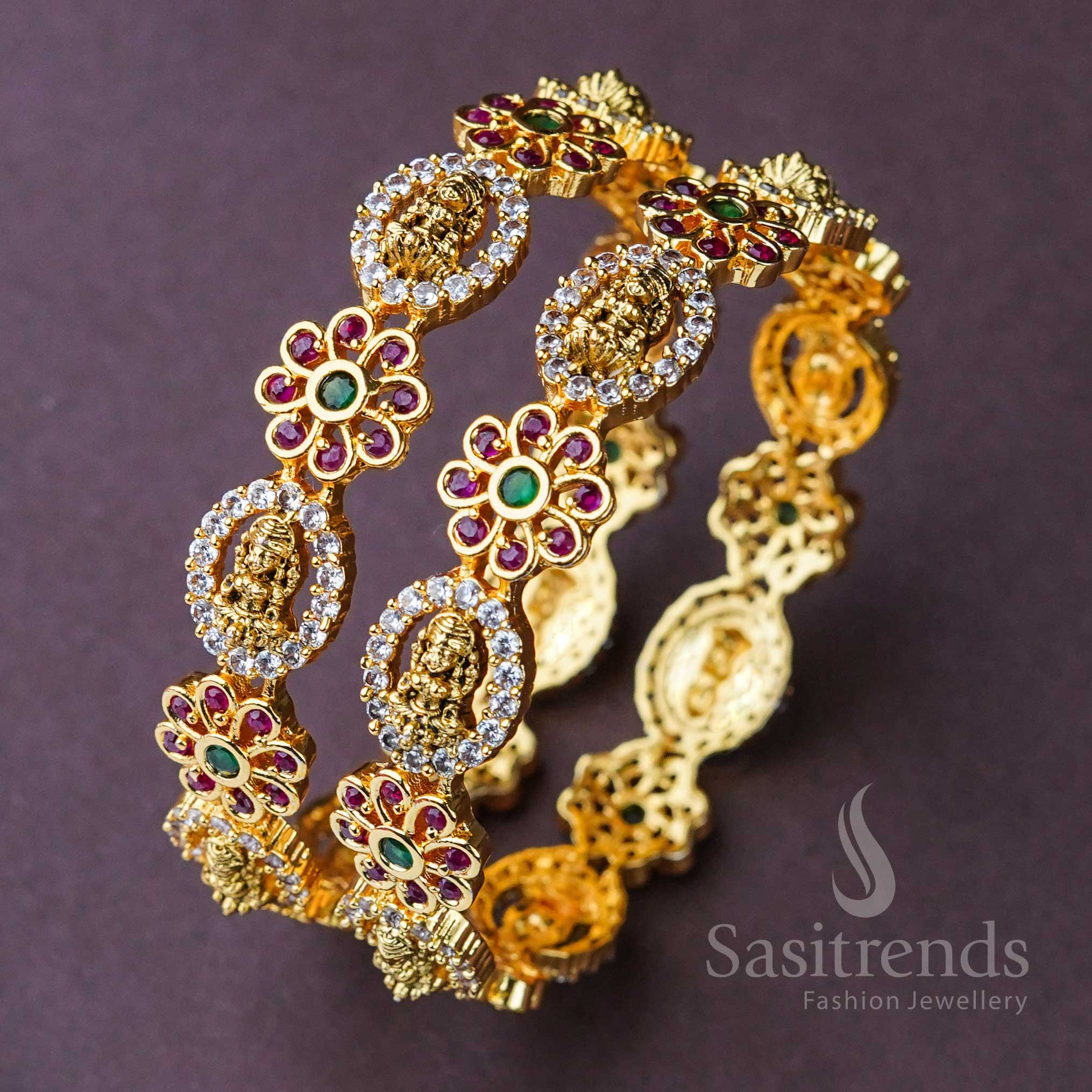 Charming Multi-Color Temple Matte Gold Plated AD Stone Bangles - Lakshmi & Floral | Sasitrends