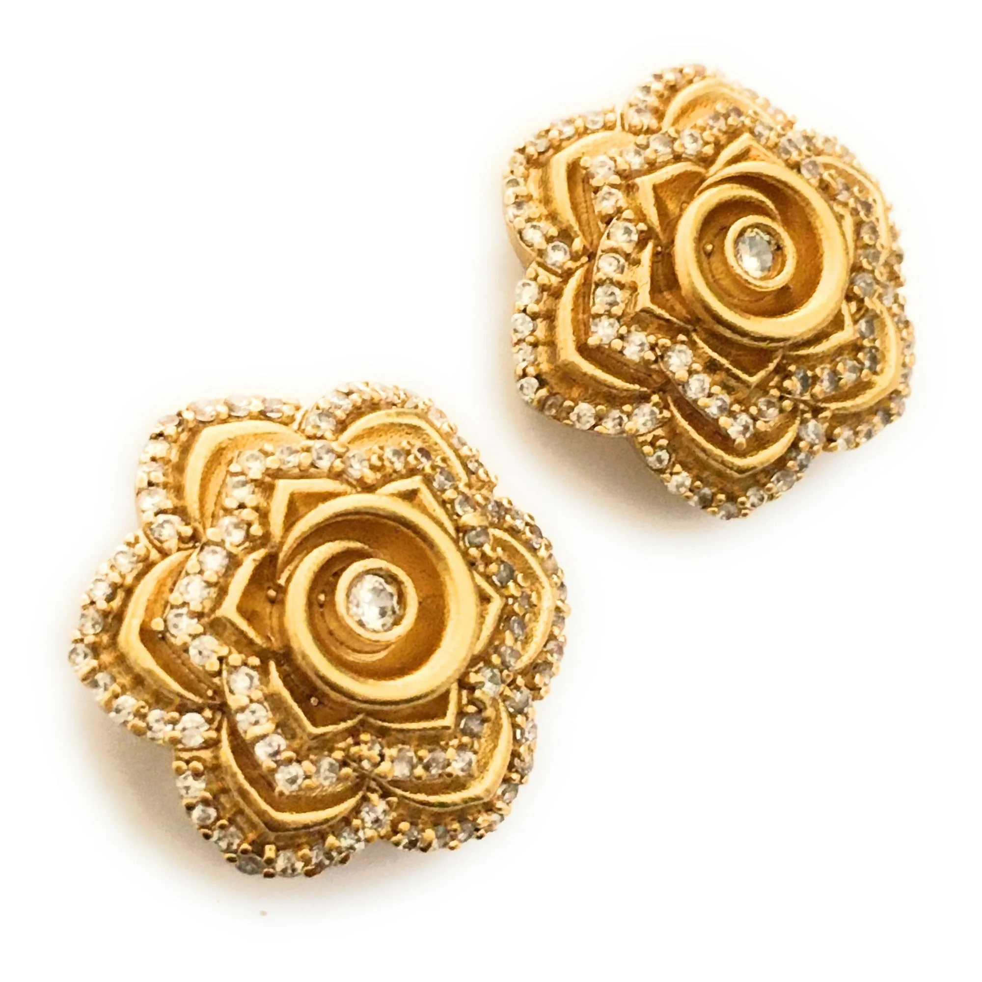 Captivating AD Stone Rose Flower Design Temple Matte Gold Finished Stud Earrings - Image 3