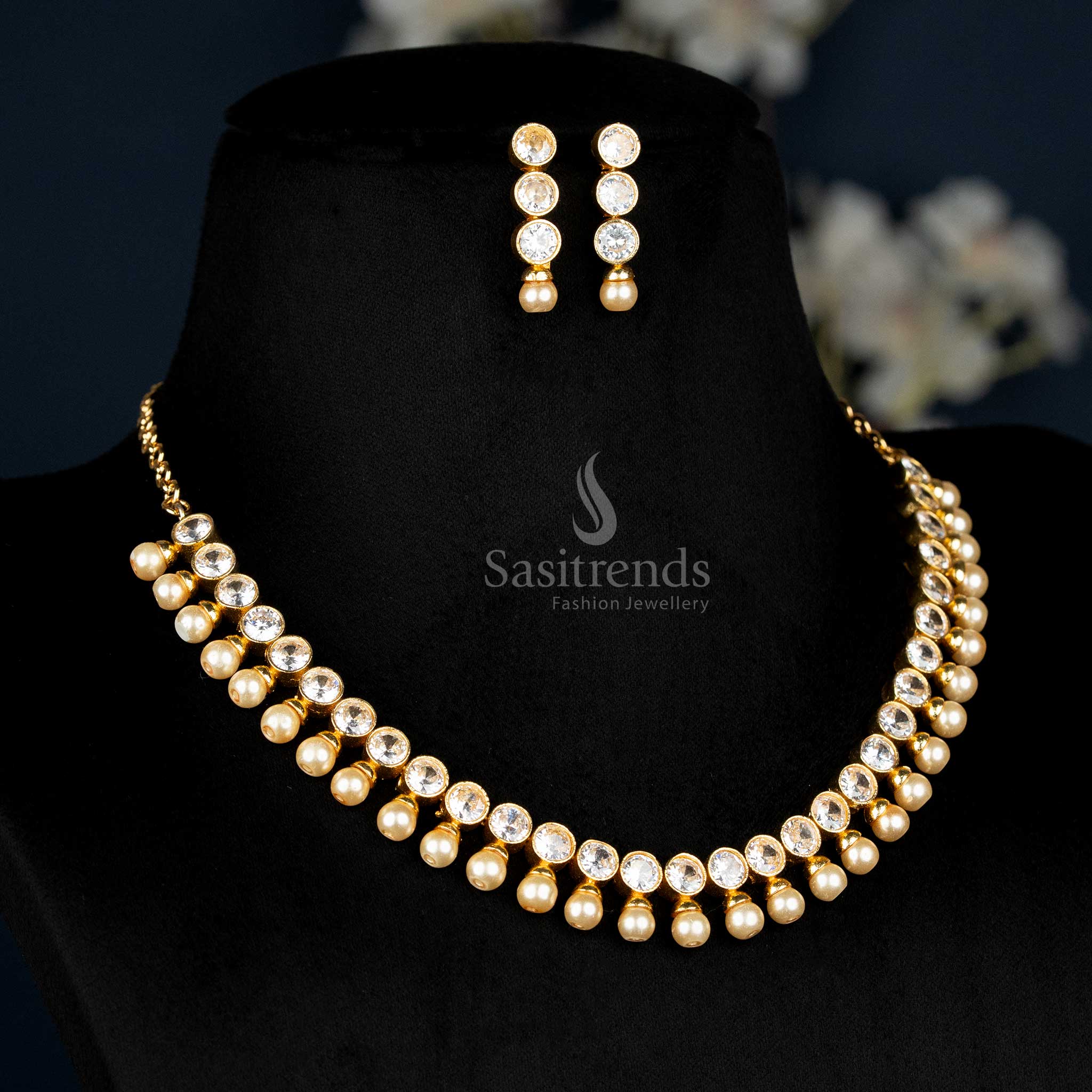 American Diamond Stone Studded Look Pearl Drop Necklace Jewellery Set – Gold Plated Traditional Design - Sasitrends - Image 3