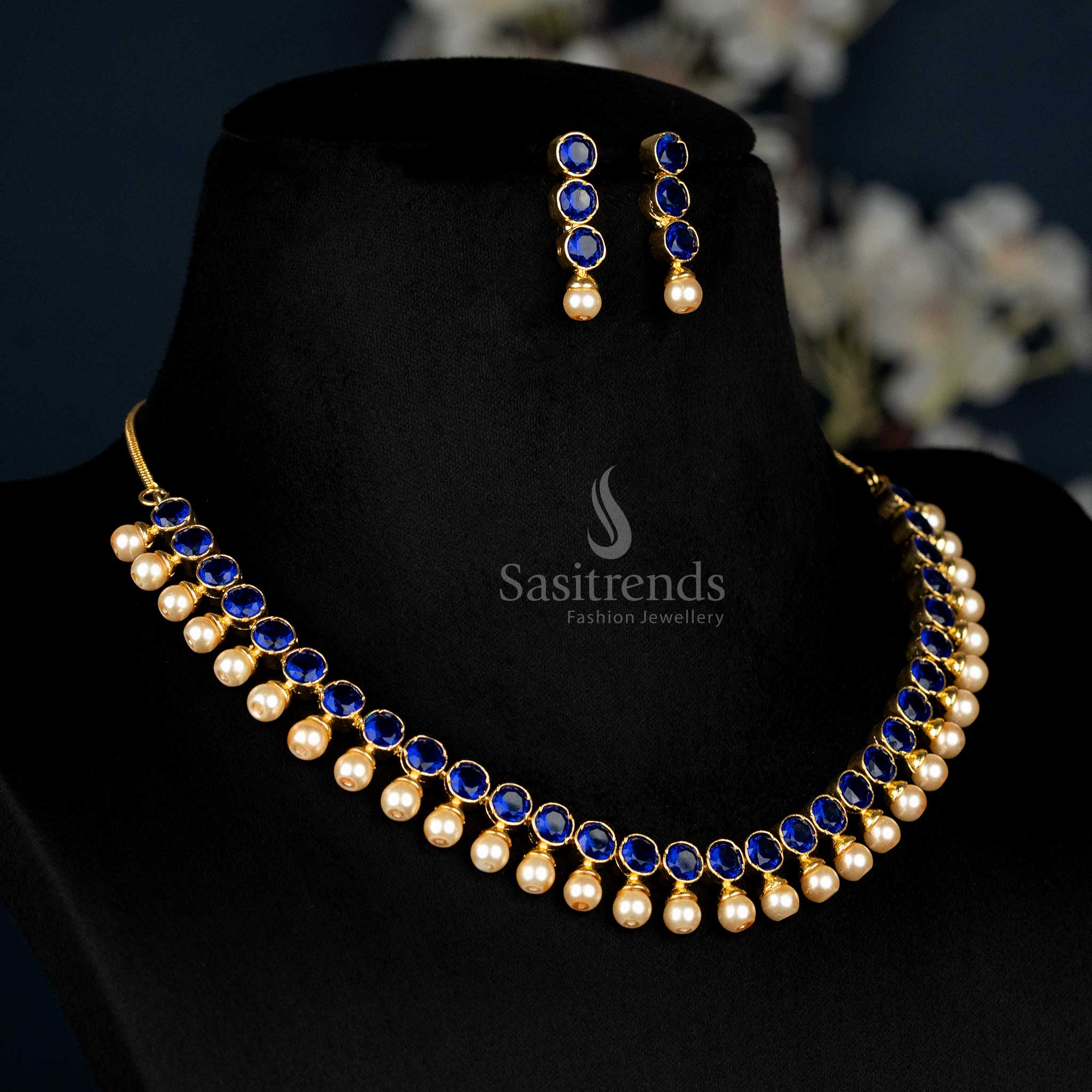 American Diamond Stone Studded Look Pearl Drop Necklace Jewellery Set – Gold Plated Traditional Design - Sasitrends - Image 4