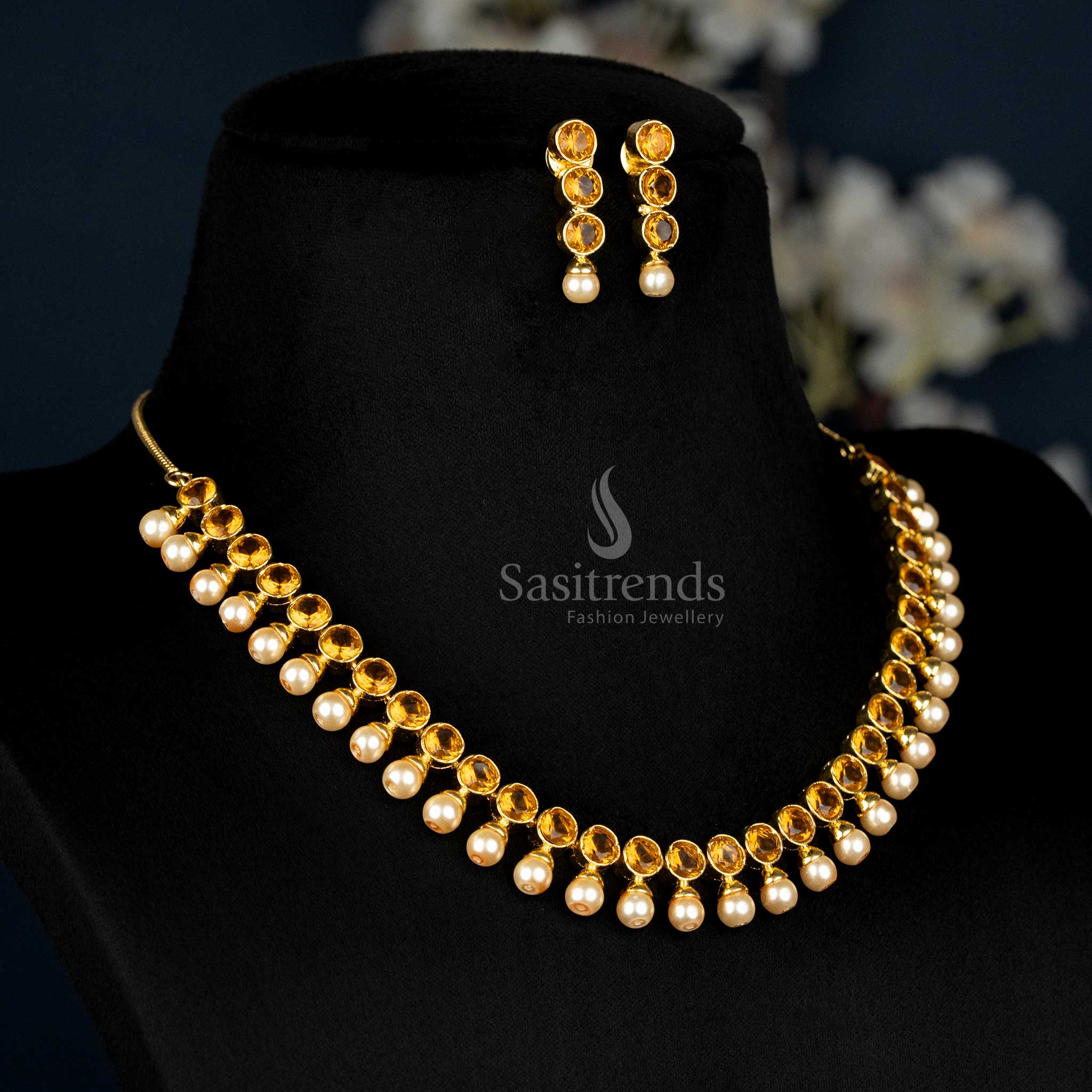 American Diamond Stone Studded Look Pearl Drop Necklace Jewellery Set – Gold Plated Traditional Design - Sasitrends - Image 5