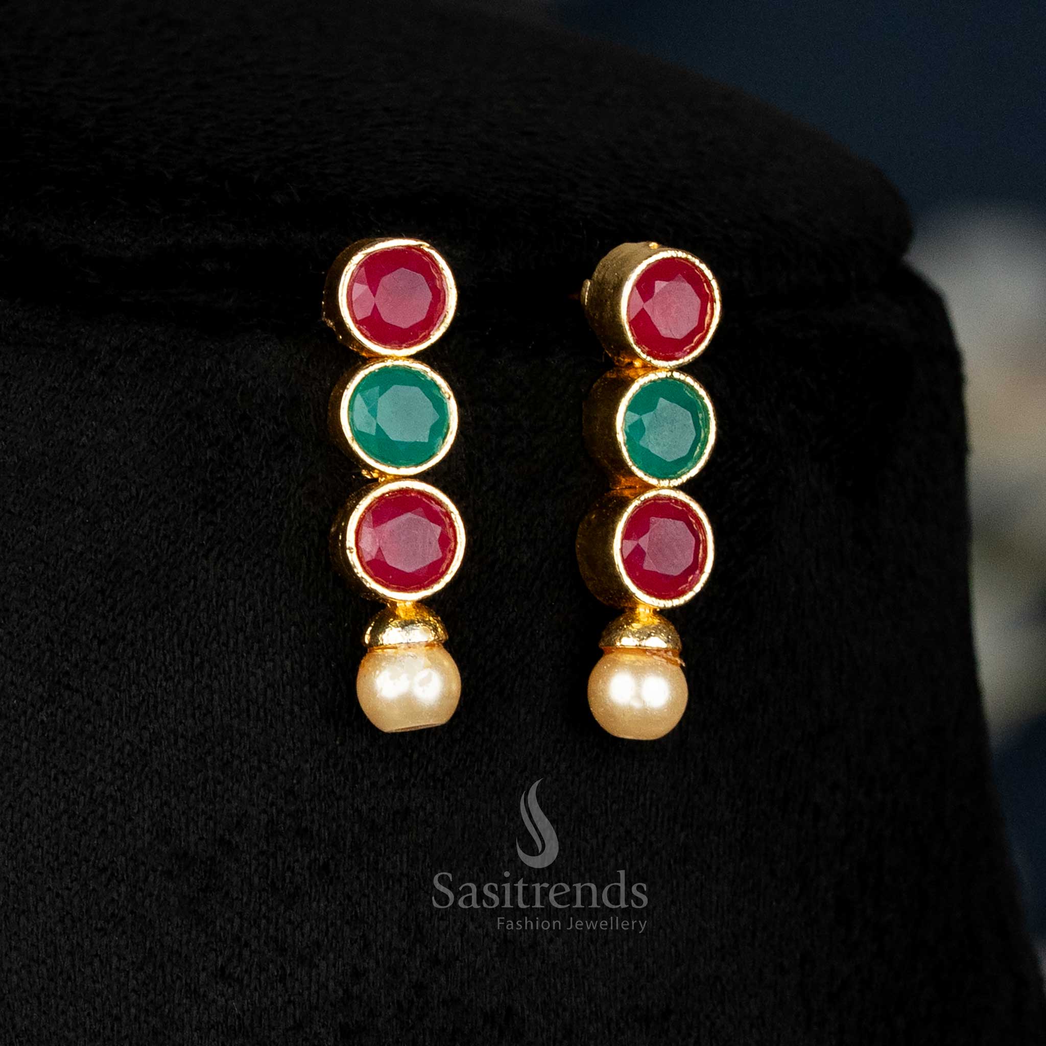 American Diamond Stone Studded Look Pearl Drop Necklace Jewellery Set – Gold Plated Traditional Design - Sasitrends - Image 6