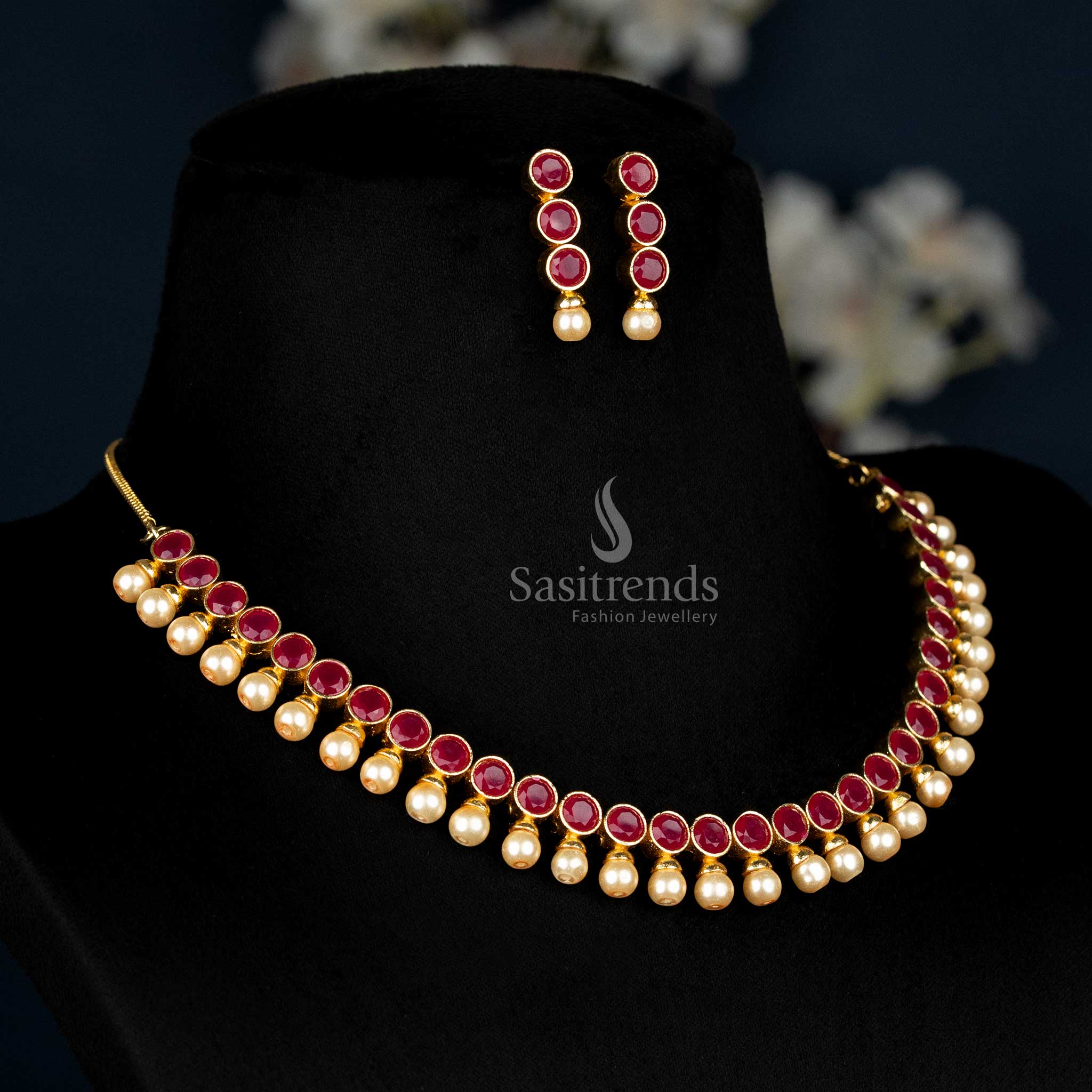 American Diamond Stone Studded Look Pearl Drop Necklace Jewellery Set – Gold Plated Traditional Design - Sasitrends - Image 8