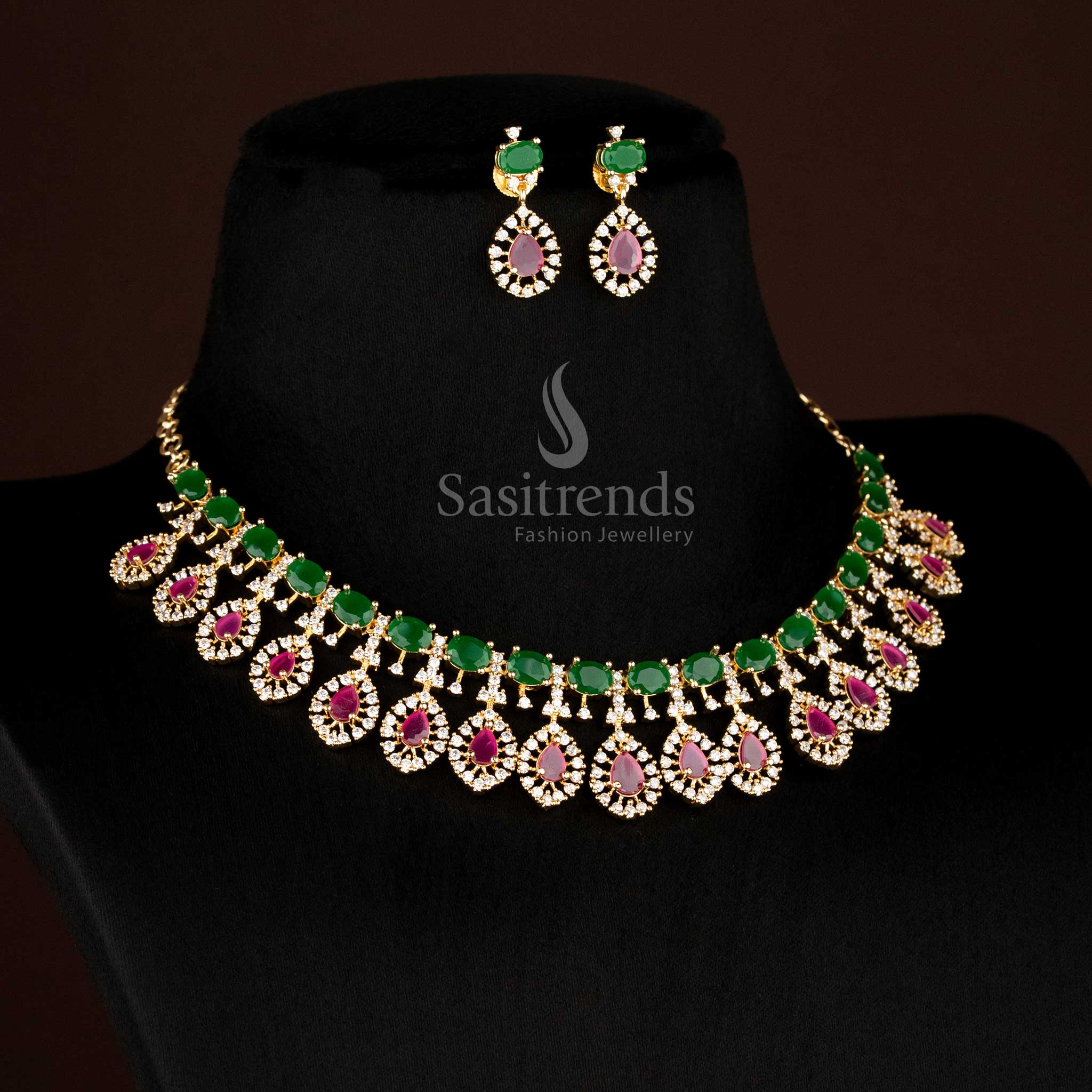 Stylish Rhodium Silver and Gold Plated American Diamond Choker Necklace Jewellery Set with Teardrop Design For Party Wear - Sasitrends - Image 7