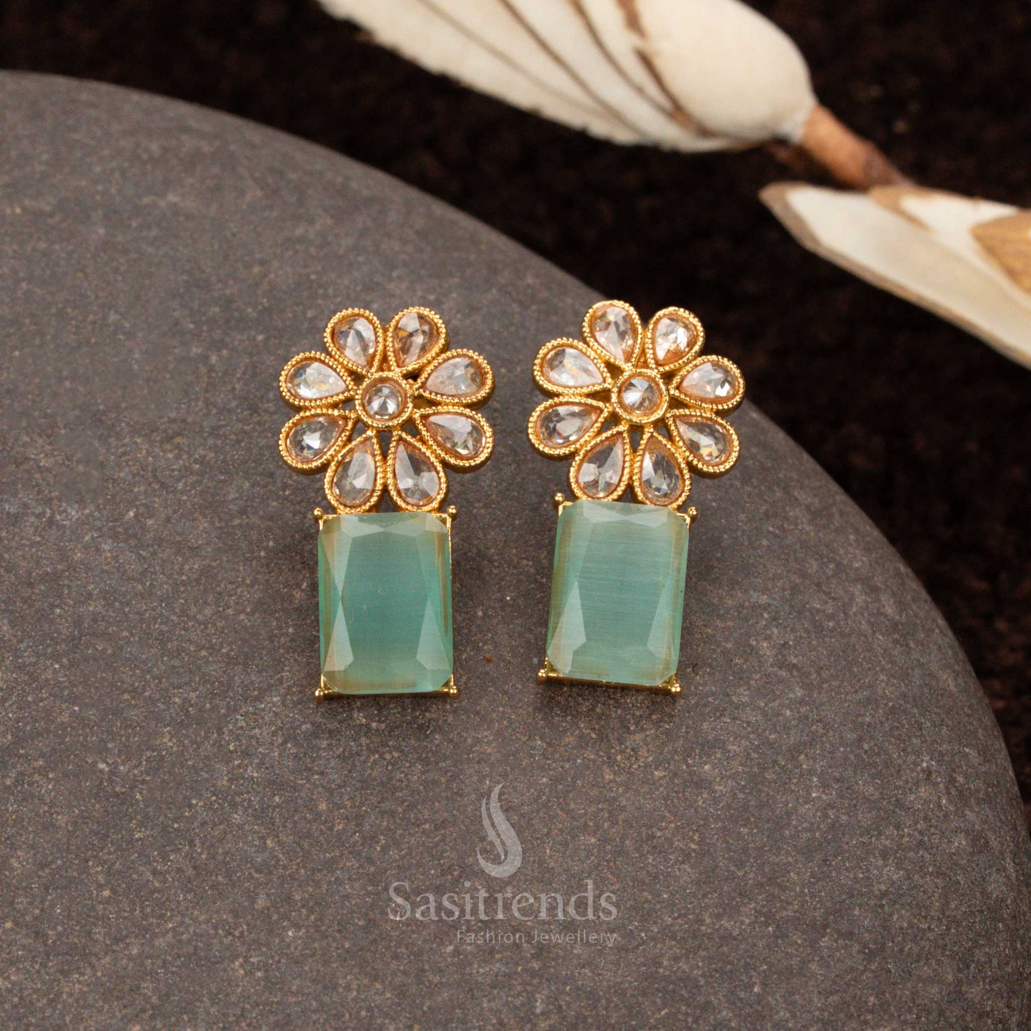 Stylish Antique Gold Plated Trendy Stone Earrings with Floral & Rectangular Design For Special Occasions - Sasitrends - Image 2