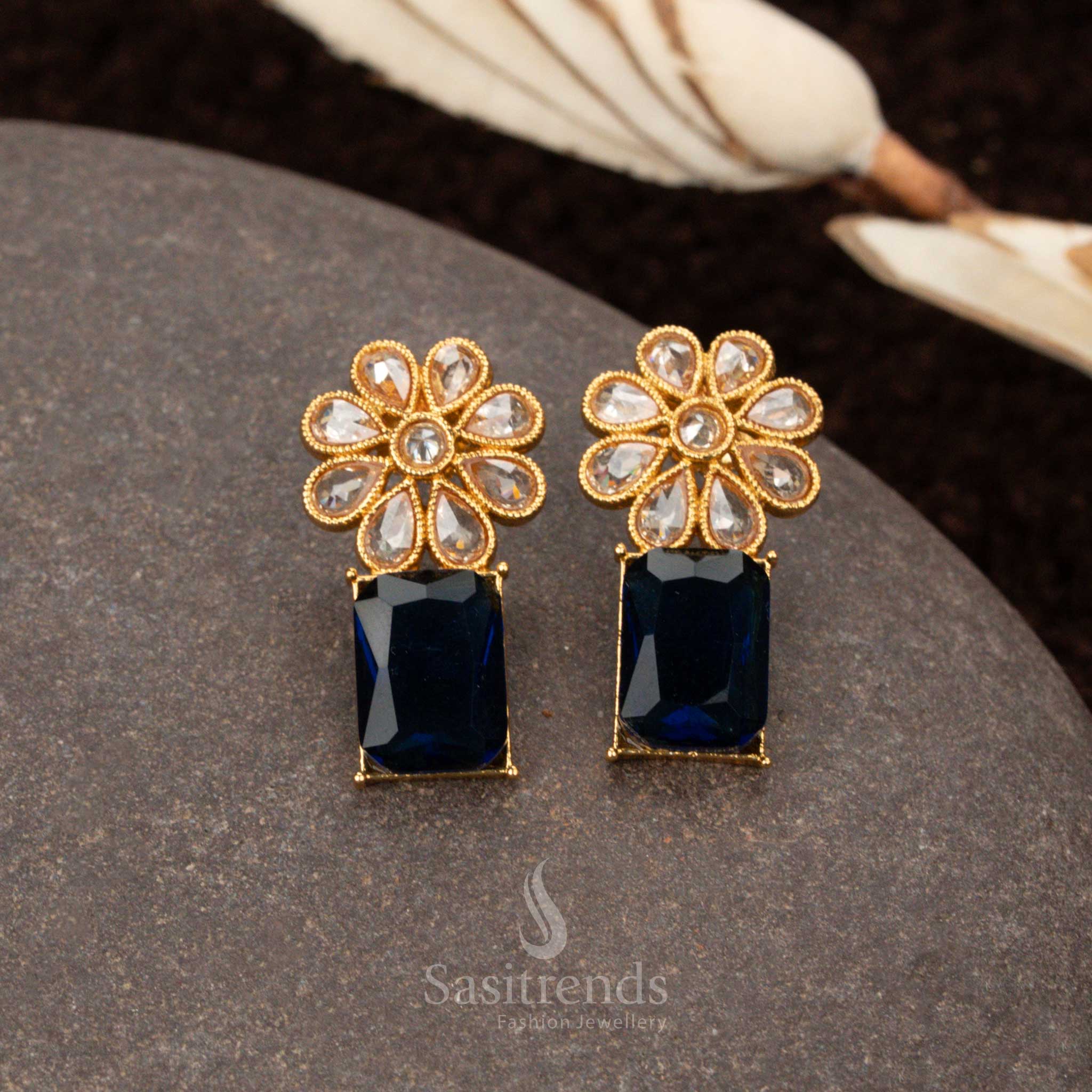 Stylish Antique Gold Plated Trendy Stone Earrings with Floral & Rectangular Design For Special Occasions - Sasitrends - Image 3